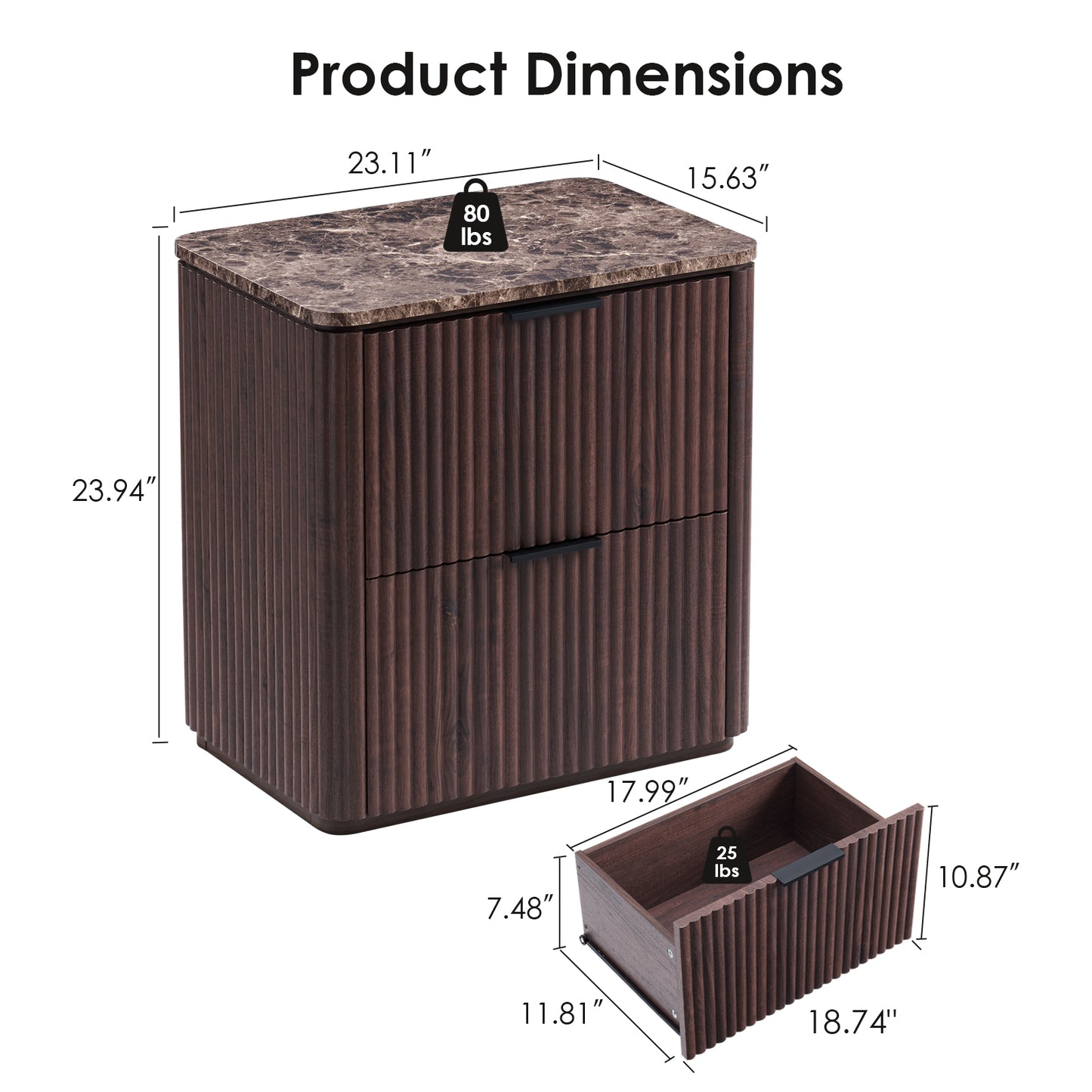 DelArk 2-Drawer Fluted Nightstand with Marble Top