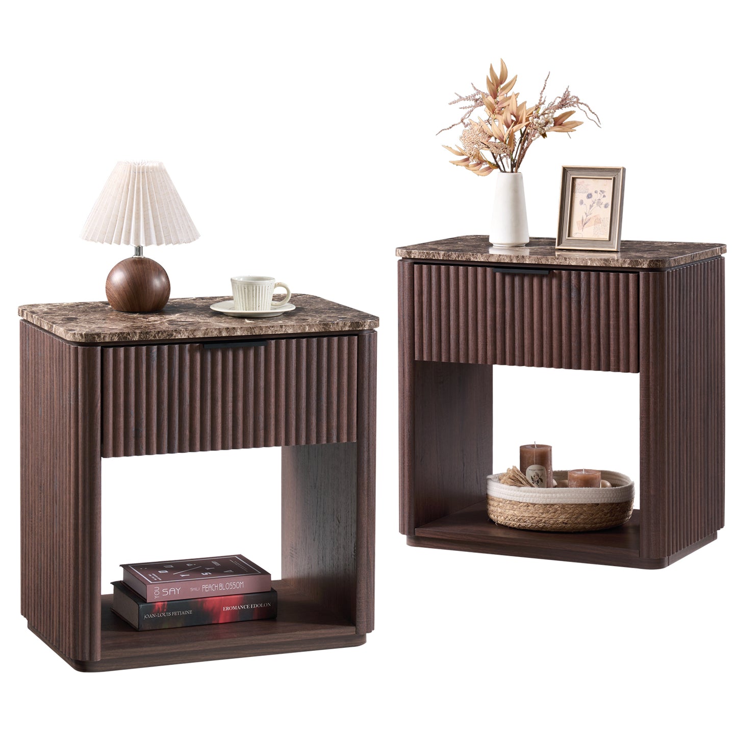 DelArk 1-Drawer Fluted Nightstand with Marble Top