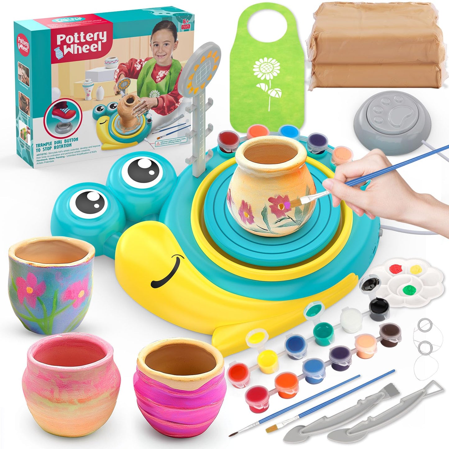 Pottery Wheel for Kids - Complete Pottery Painting Kit Arts and Crafts for Kids Ages 8-12 with 3 Pack Air Dry Clay Art Supplies Toys for Girls Boy Birthday Gift for 6 7 8 9 10 11 12+