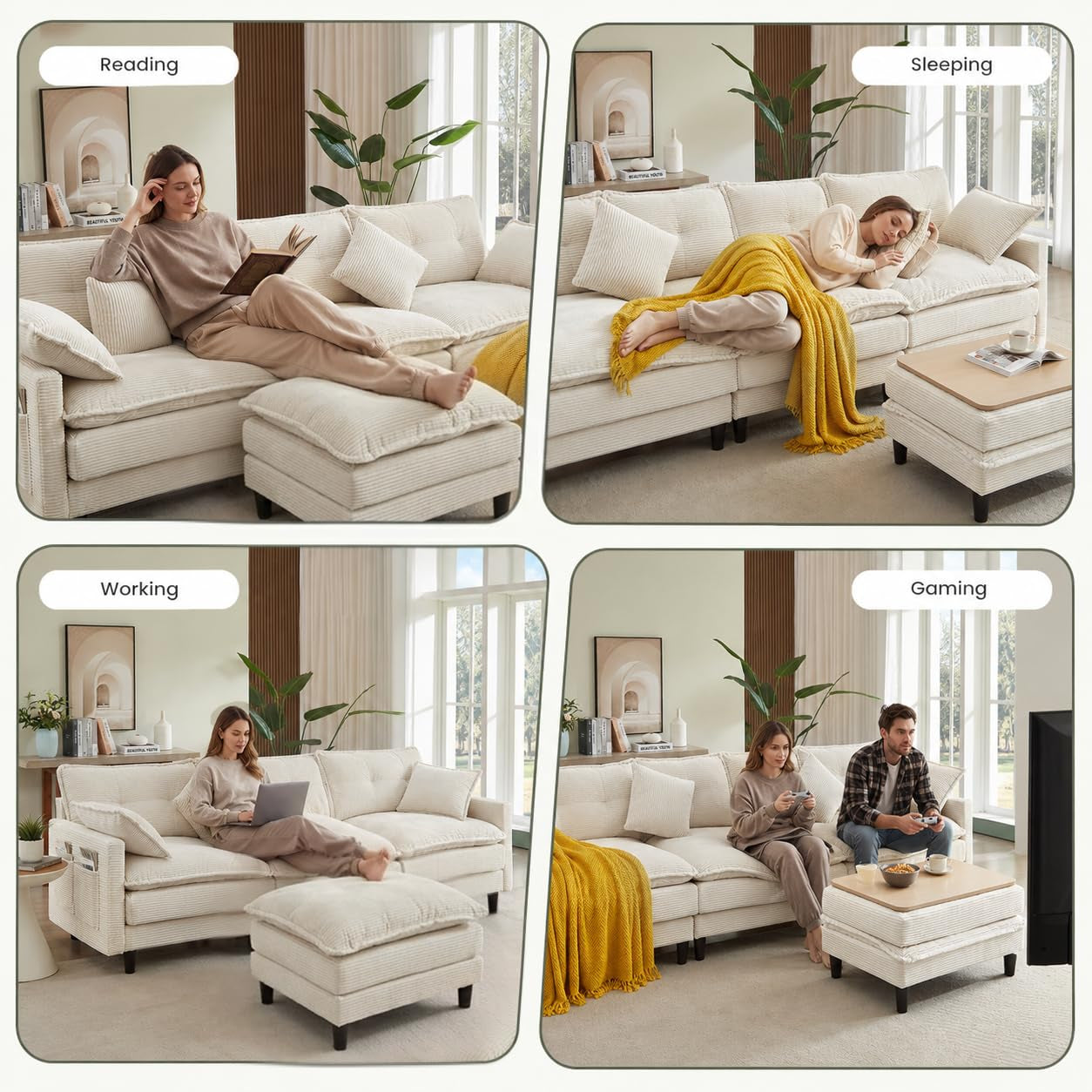 Corduroy Sectional Sofa - 3 Seat & 1 Ottoman