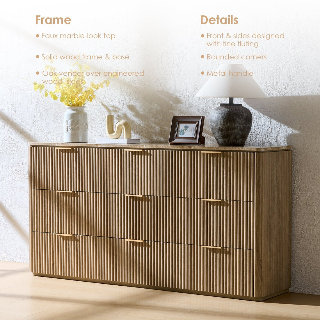 DelArk Fluted 9-Drawer Dresser with Marble Top