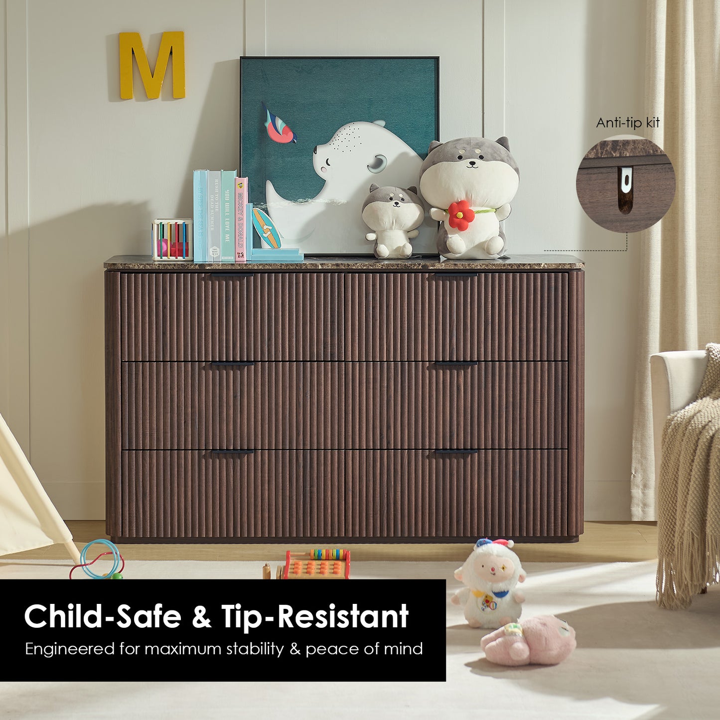 DelArk Fluted 6-Drawer Dresser with Marble Top