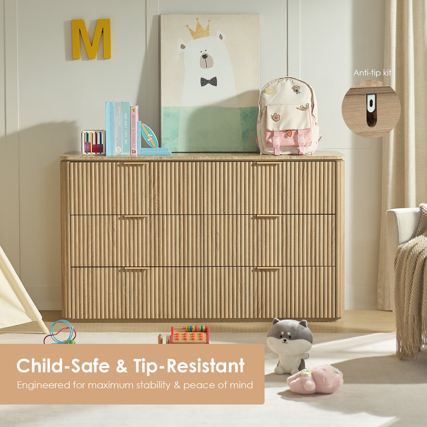 DelArk Fluted 6-Drawer Dresser with Marble Top