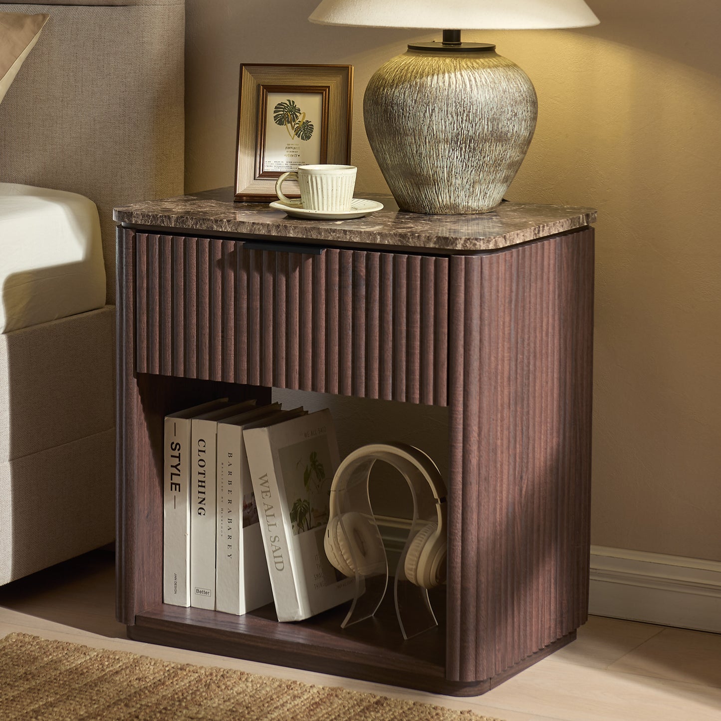 DelArk 1-Drawer Fluted Nightstand with Marble Top