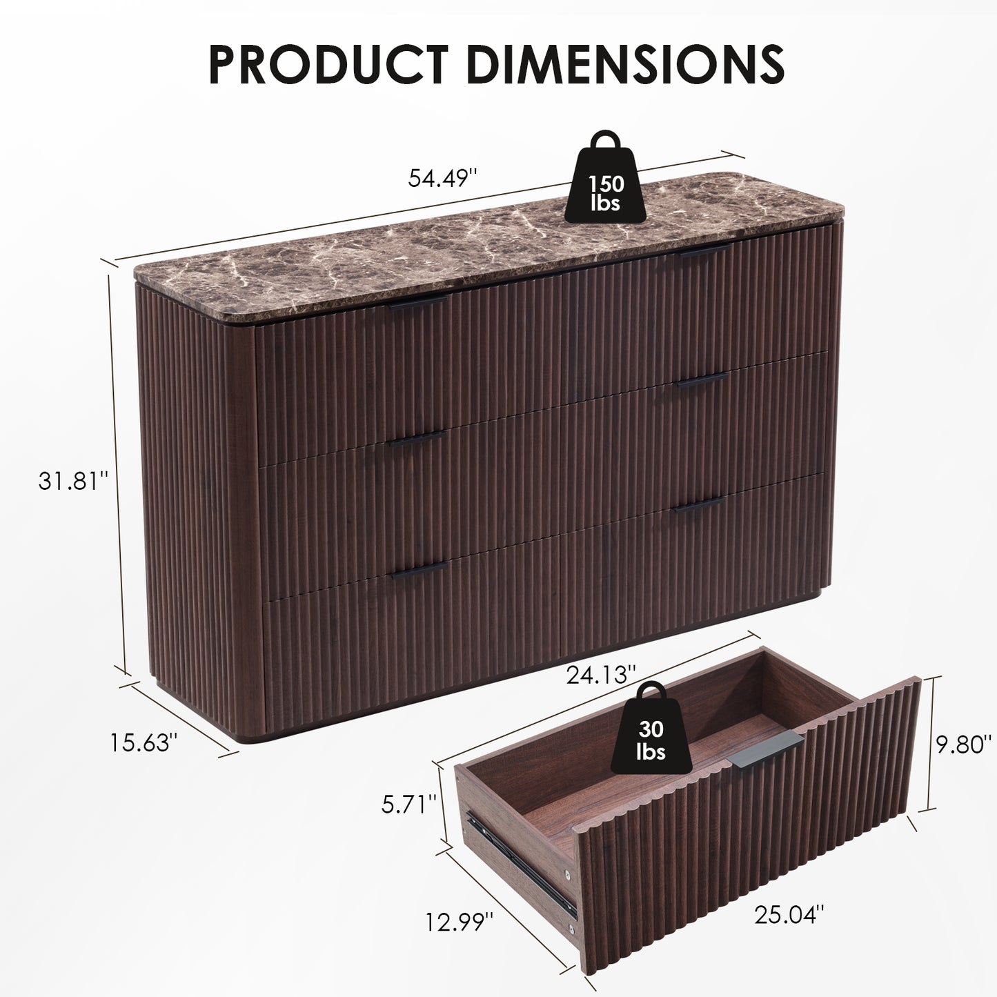 DelArk Fluted 6-Drawer Dresser with Marble Top