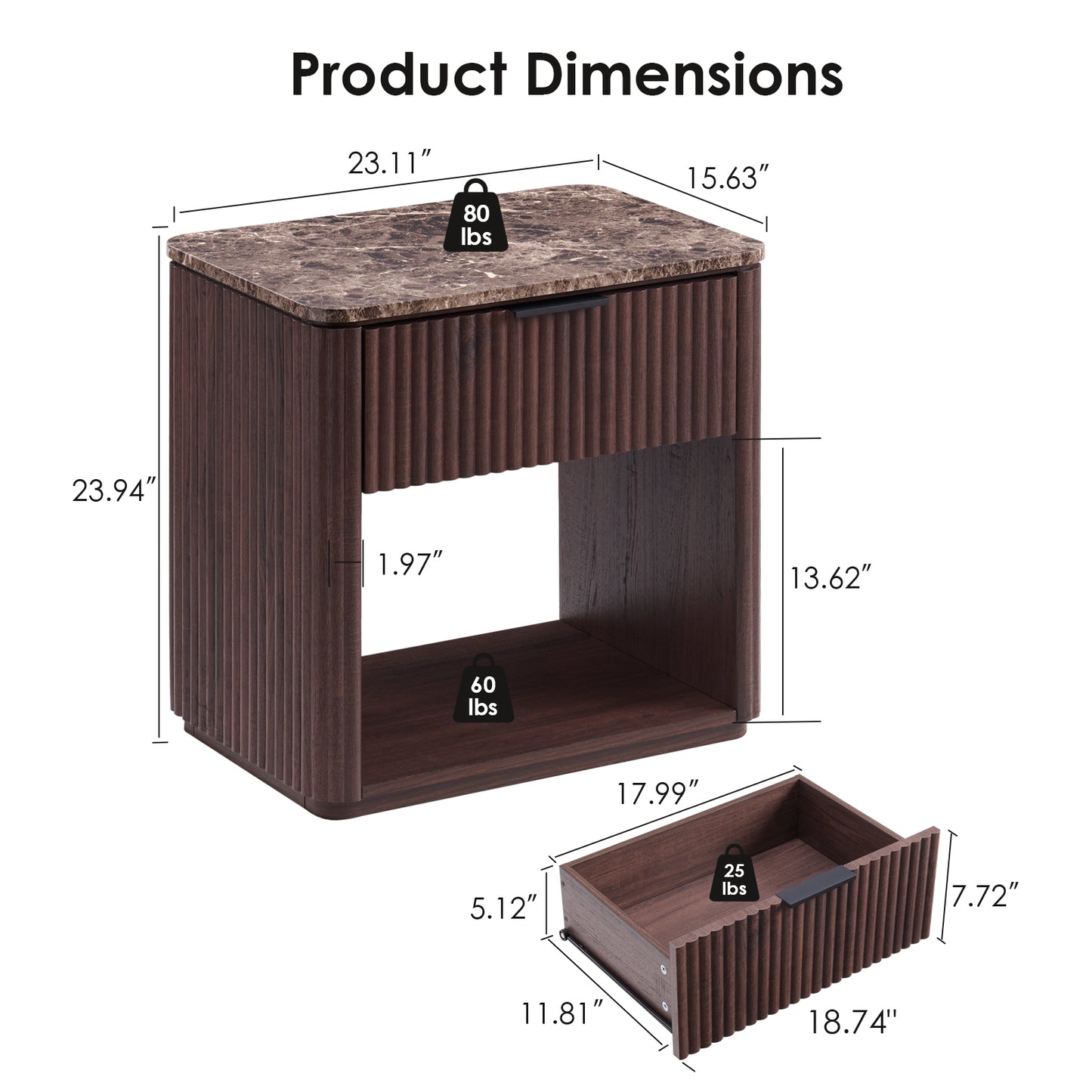 DelArk 1-Drawer Fluted Nightstand with Marble Top