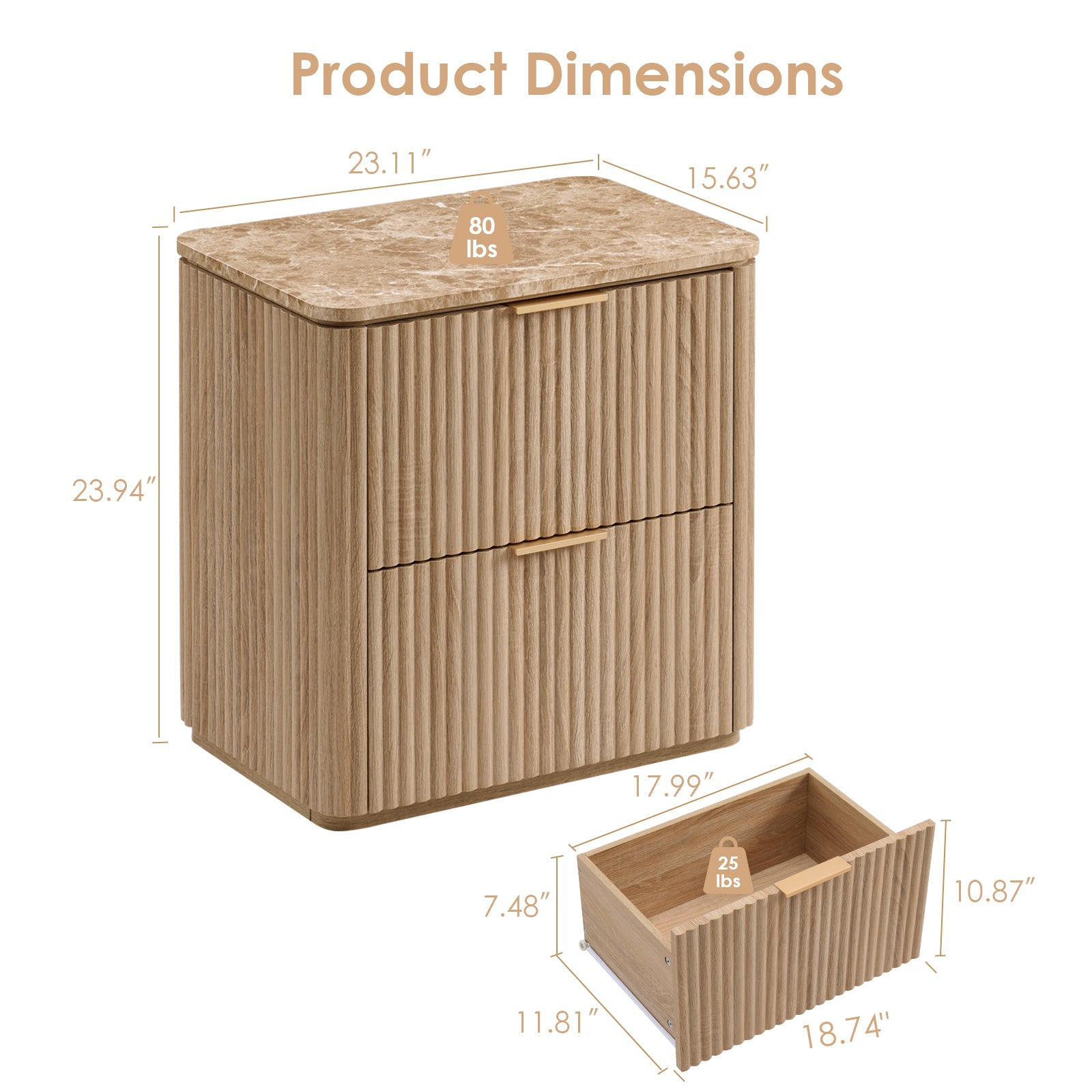 DelArk 2-Drawer Fluted Nightstand with Marble Top