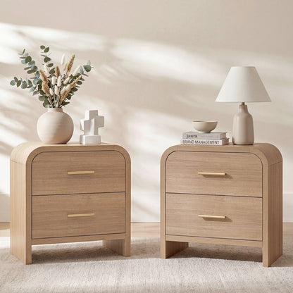 Night Stand Set of 2 [Unique Curved Profile] [FSC-Certified Wooden Board] 2-Drawer Nightstand 24" H Metal Handle Modern Sturdy Bedside Table