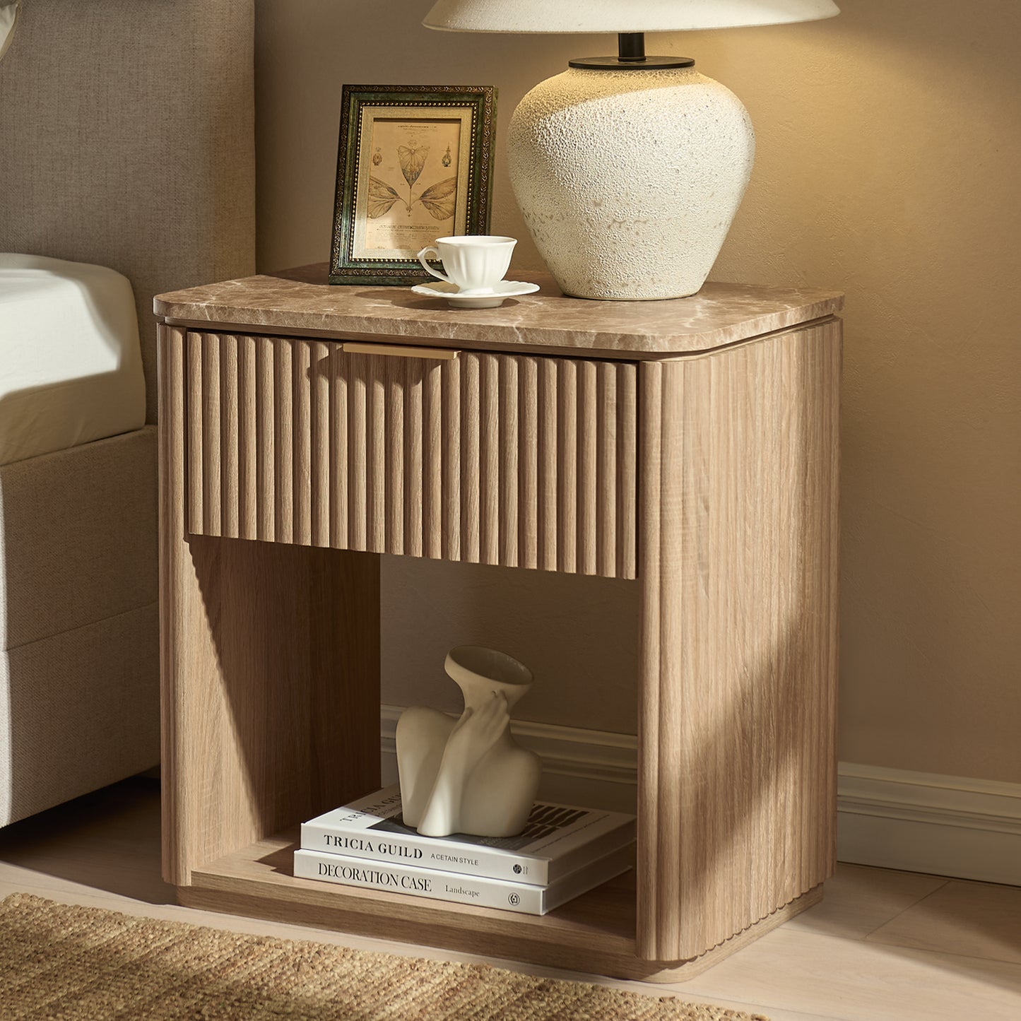 DelArk 1-Drawer Fluted Nightstand with Marble Top