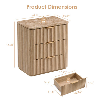 DelArk 3-Drawer Fluted Nightstand with Marble Top