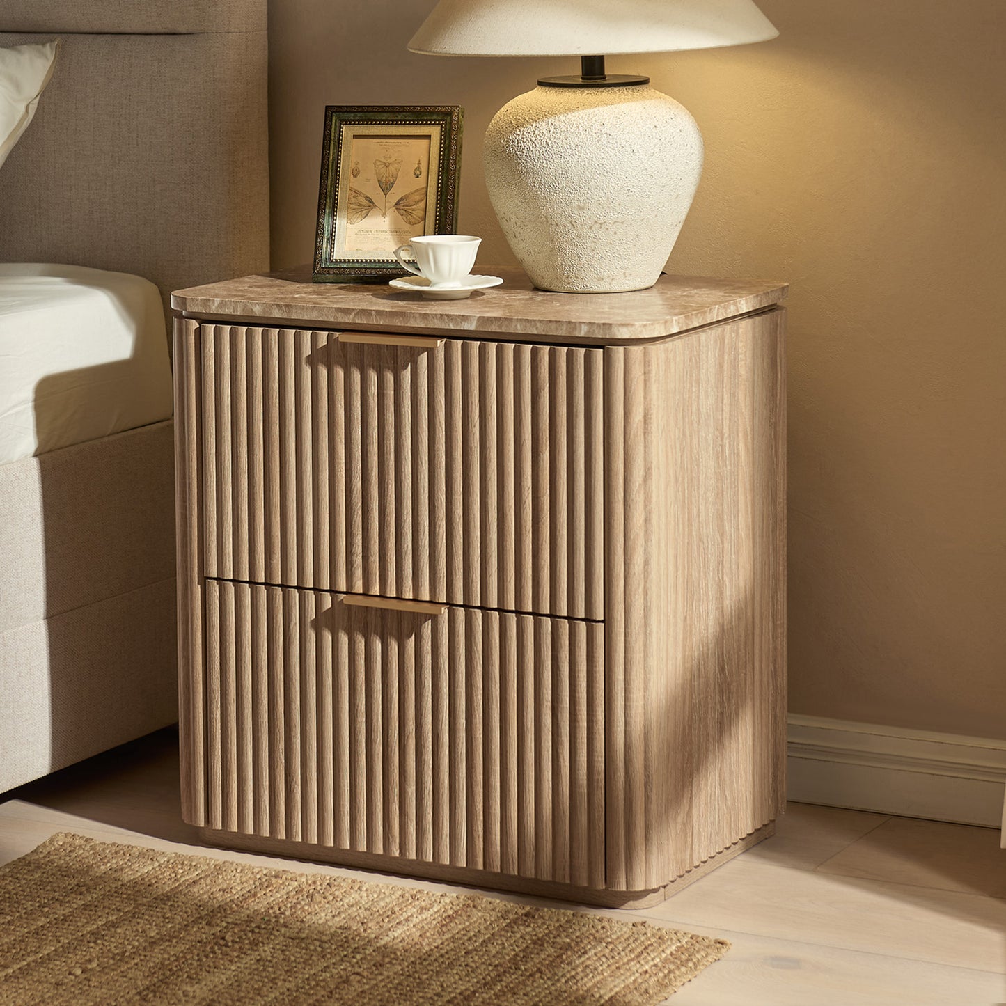 DelArk 2-Drawer Fluted Nightstand with Marble Top