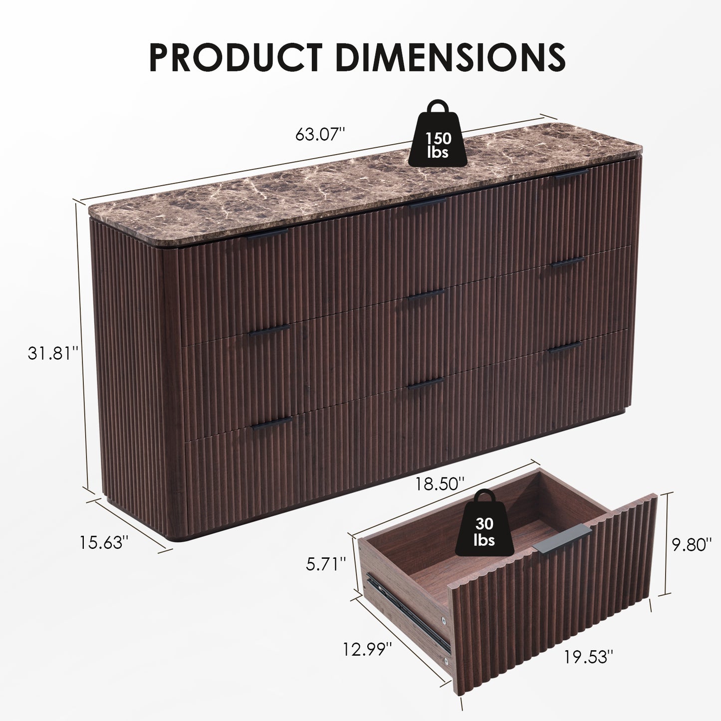 DelArk Fluted 9-Drawer Dresser with Marble Top