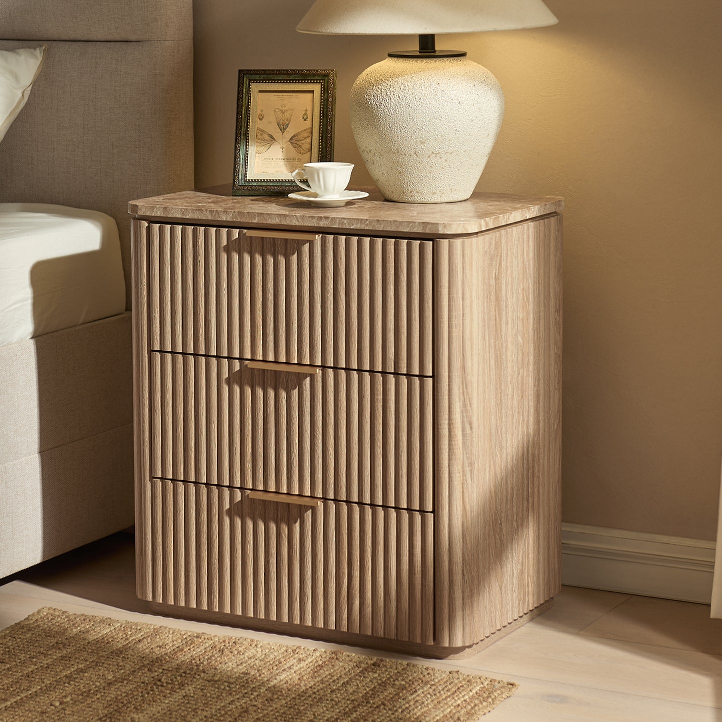 DelArk 3-Drawer Fluted Nightstand with Marble Top