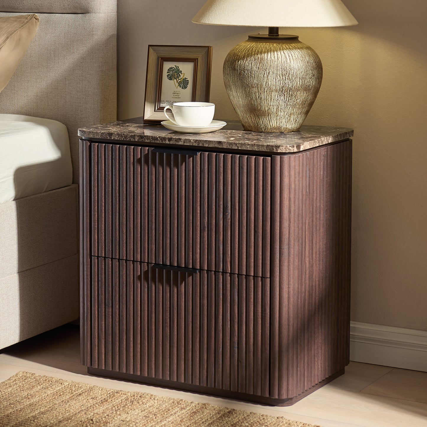 DelArk 2-Drawer Fluted Nightstand with Marble Top