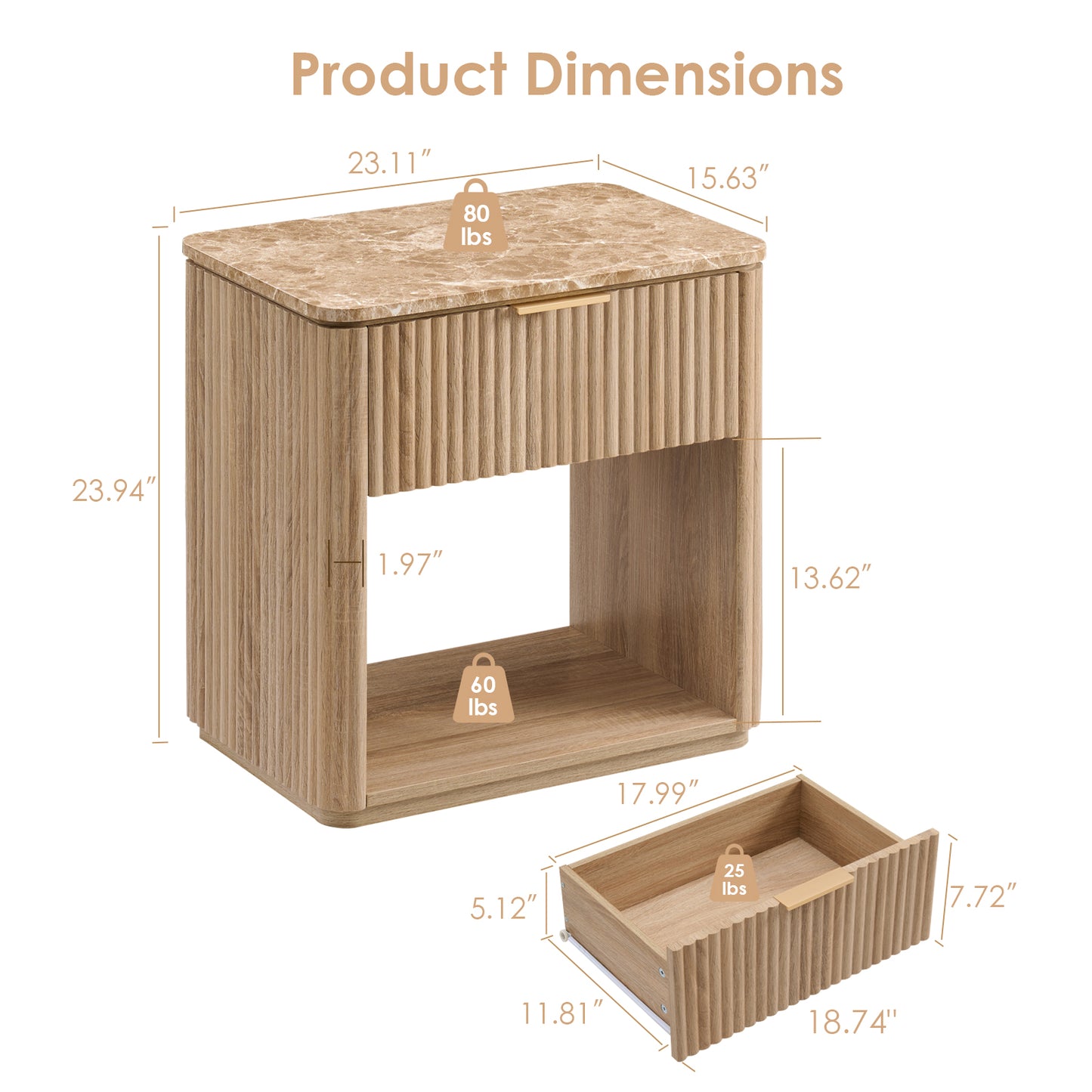 DelArk 1-Drawer Fluted Nightstand with Marble Top