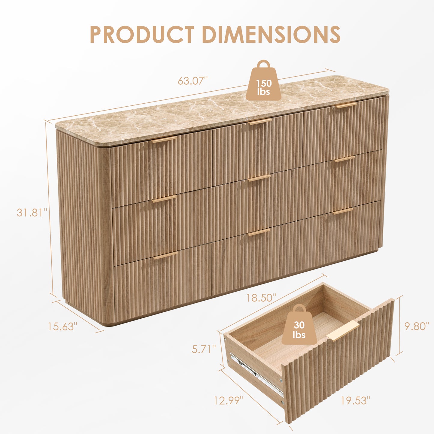 DelArk Fluted 9-Drawer Dresser with Marble Top