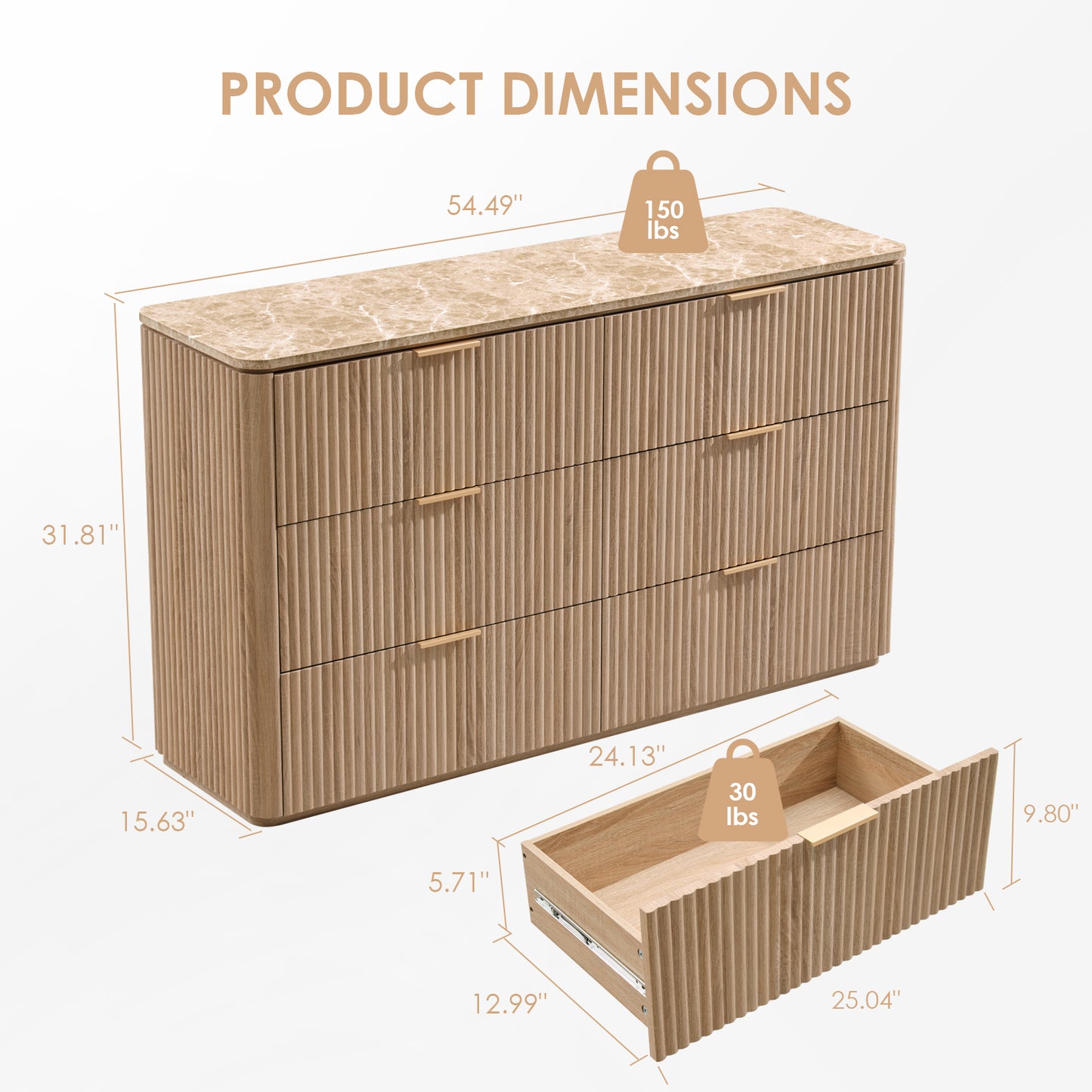DelArk Fluted 6-Drawer Dresser with Marble Top