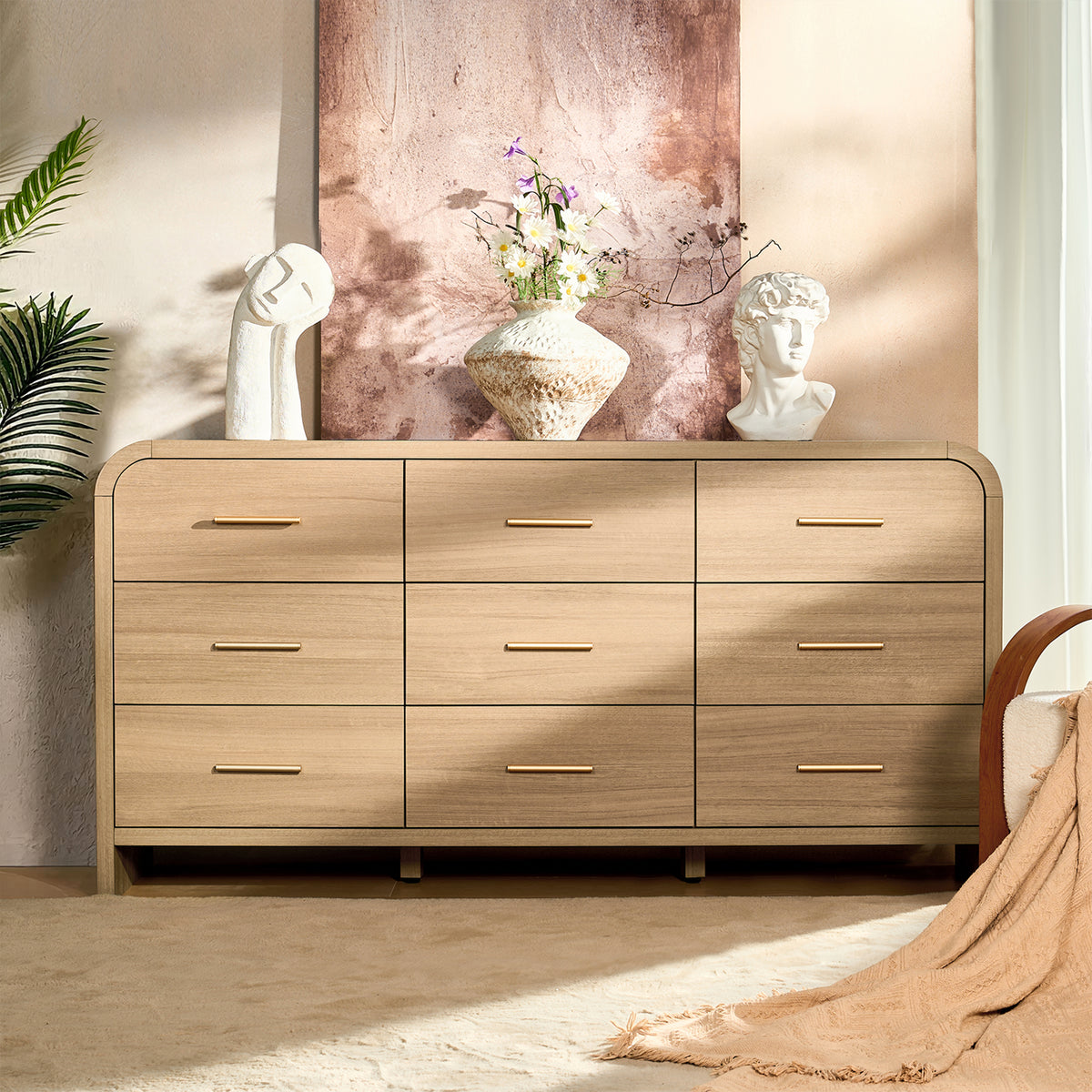 Curved 9-Drawer Dresser for Bedroom, 63" Wide Modern Chest of Drawers, Vanity Desk TV Stand for Living Room, Closet Storage Drawers Organizer Furniture, Nursery, Hallway, Oak