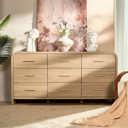 Curved 9-Drawer Dresser for Bedroom, 63" Wide Modern Chest of Drawers, Vanity Desk TV Stand for Living Room, Closet Storage Drawers Organizer Furniture, Nursery, Hallway, Oak