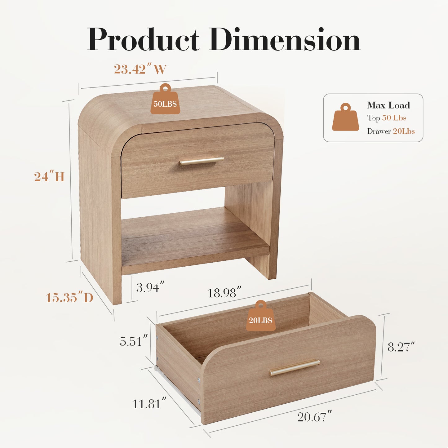 Night Stand Set of 2 [Unique Curved Profile] [FSC-Certified Wooden Board] 2-Drawer Nightstand 24" H Metal Handle Modern Sturdy Bedside Table