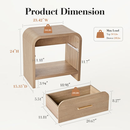 EliteSet Night Stand, 1-Drawer and 1 Storage Shelf [Curved Profile] [FSC-Certified Wooden Board] Nightstand 24" H Metal Handle Modern Bedside Table Side Table End Table