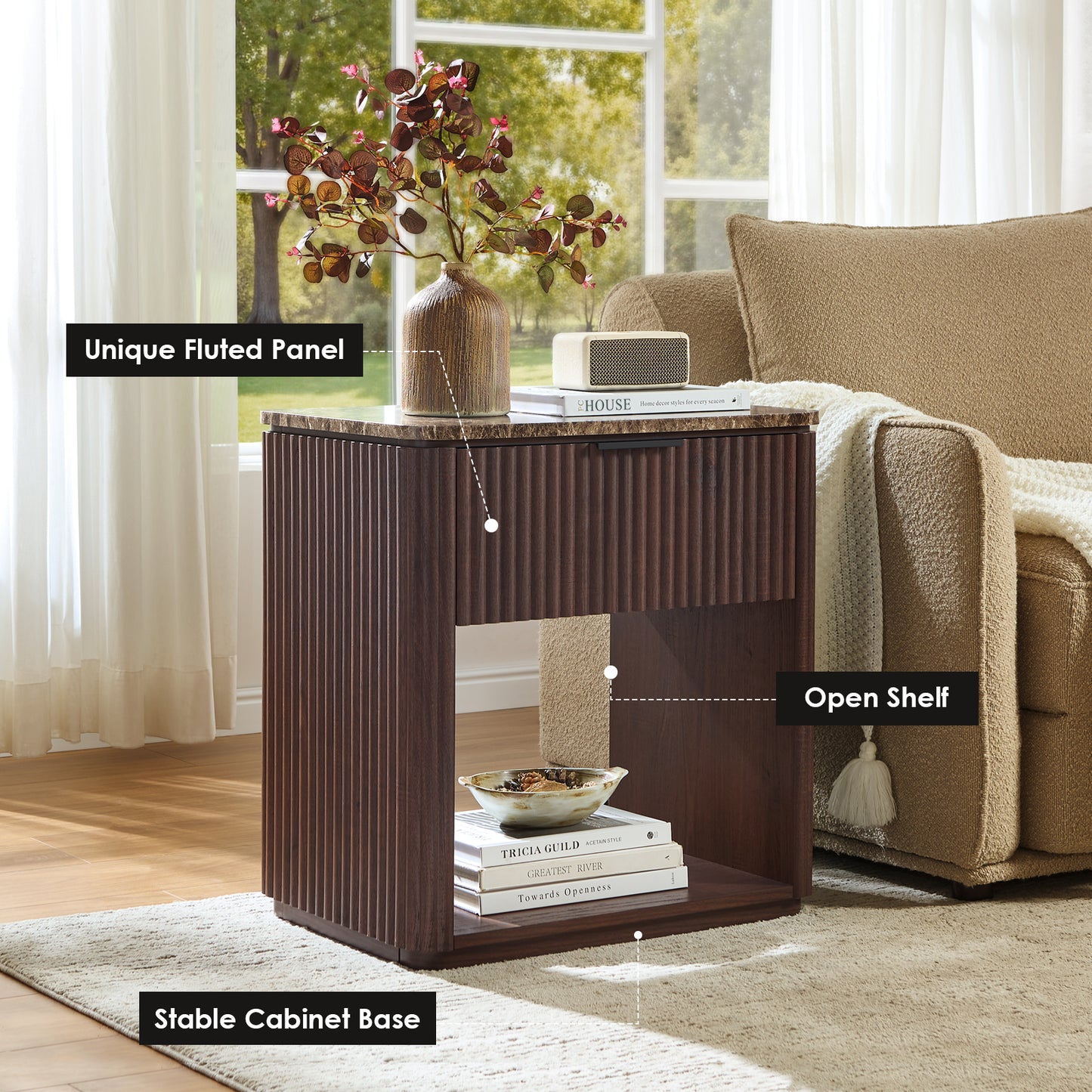 DelArk 1-Drawer Fluted Nightstand with Marble Top