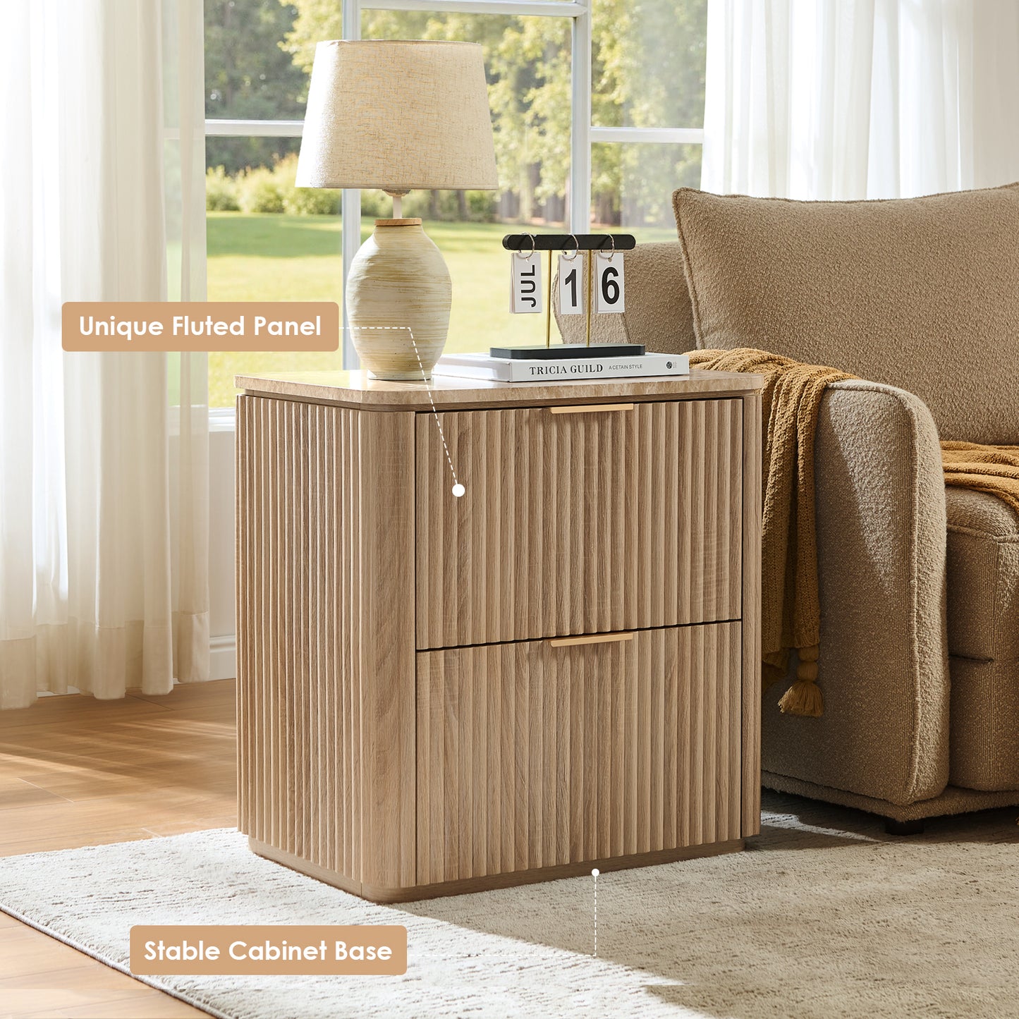 DelArk 2-Drawer Fluted Nightstand with Marble Top