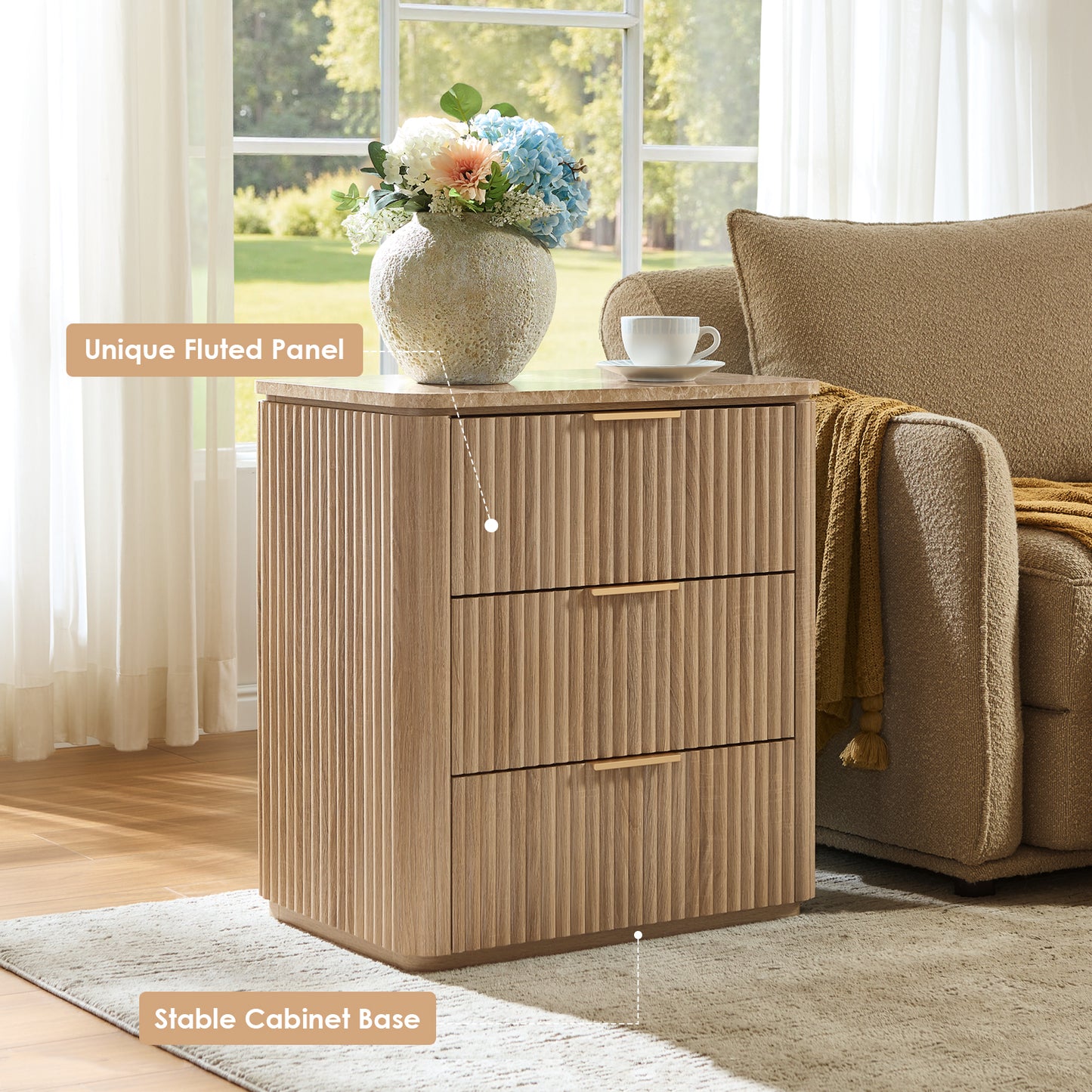 DelArk 3-Drawer Fluted Nightstand with Marble Top