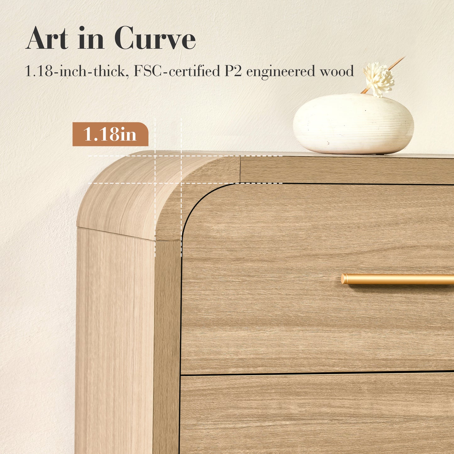 Curved 9-Drawer Dresser for Bedroom, 63" Wide Modern Chest of Drawers, Vanity Desk TV Stand for Living Room, Closet Storage Drawers Organizer Furniture, Nursery, Hallway, Oak