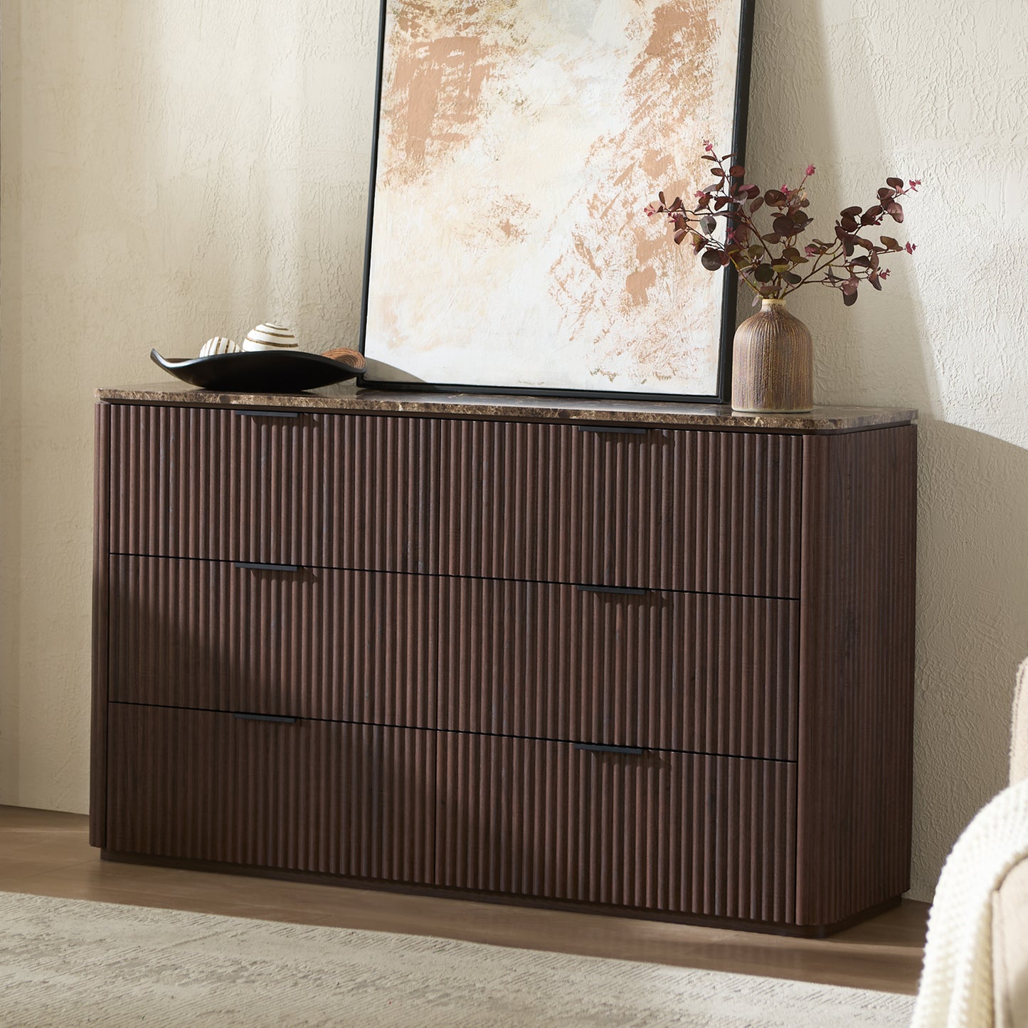 DelArk Fluted 6-Drawer Dresser with Marble Top