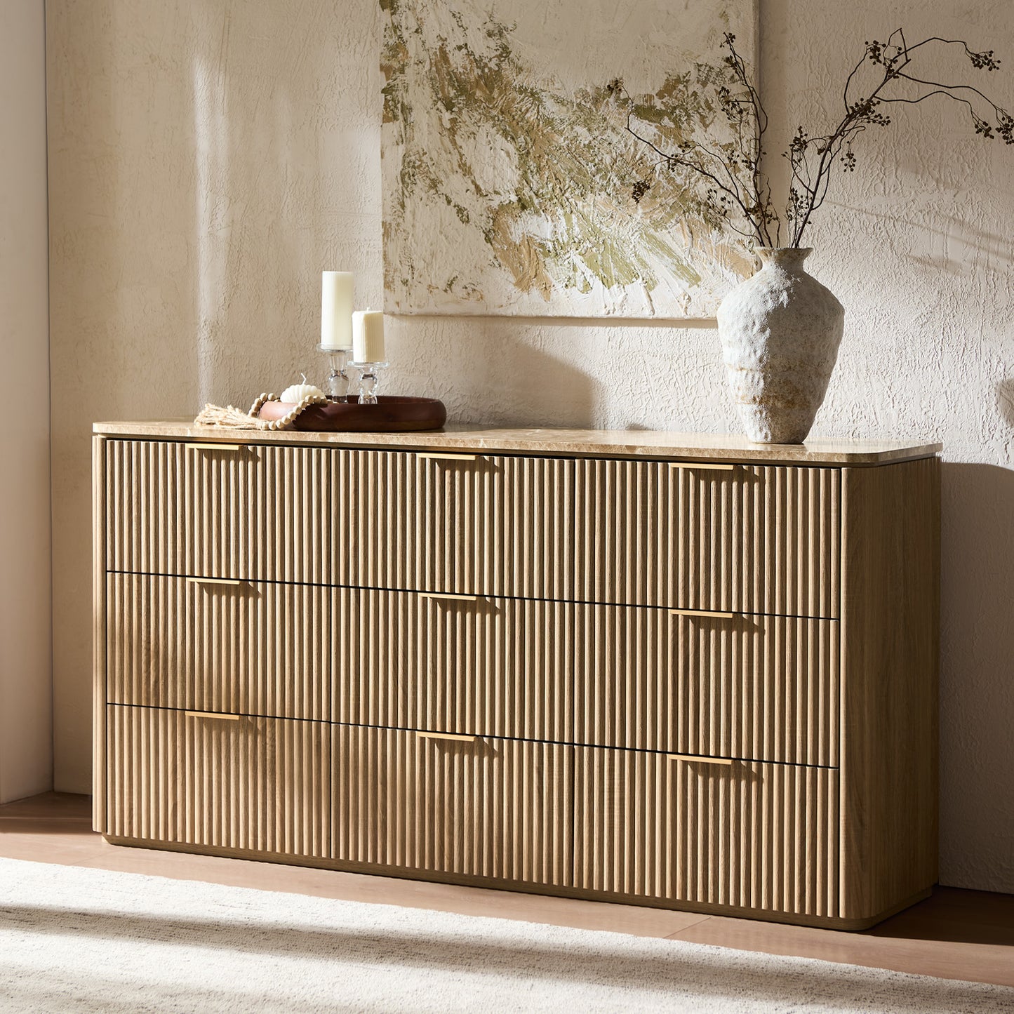 DelArk Fluted 9-Drawer Dresser with Marble Top