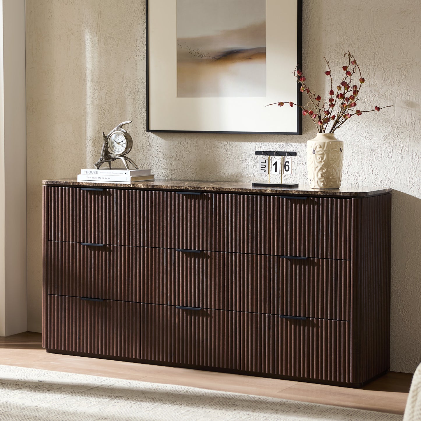 DelArk Fluted 9-Drawer Dresser with Marble Top