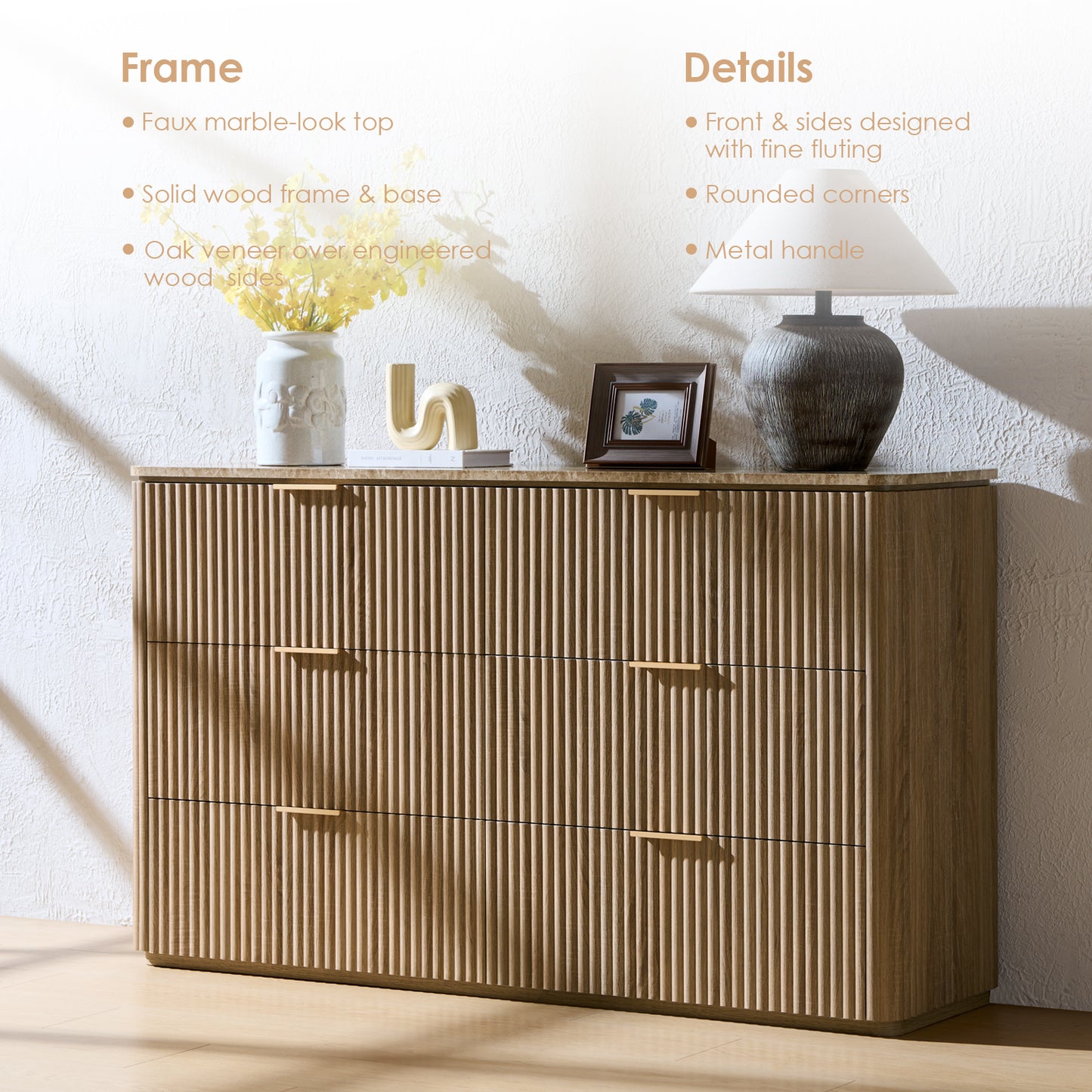 DelArk Fluted 6-Drawer Dresser with Marble Top