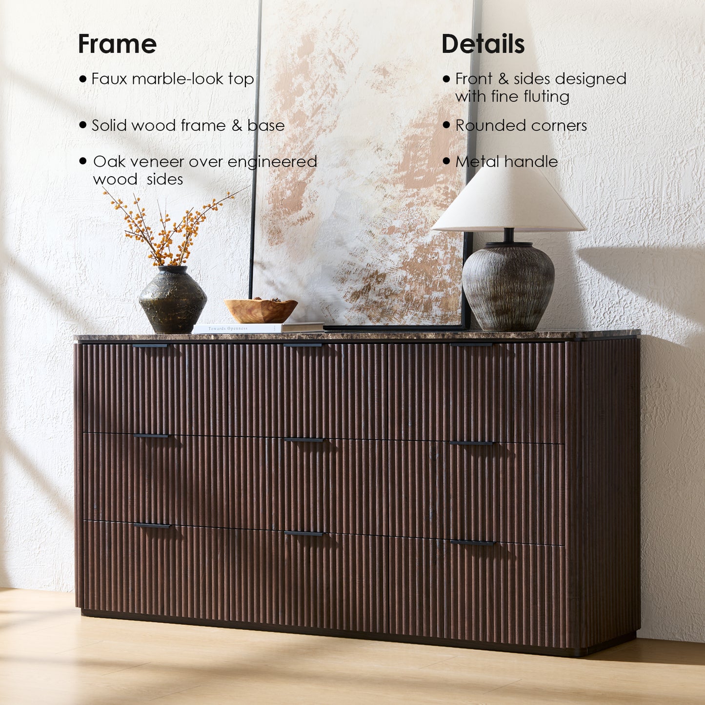 DelArk Fluted 9-Drawer Dresser with Marble Top