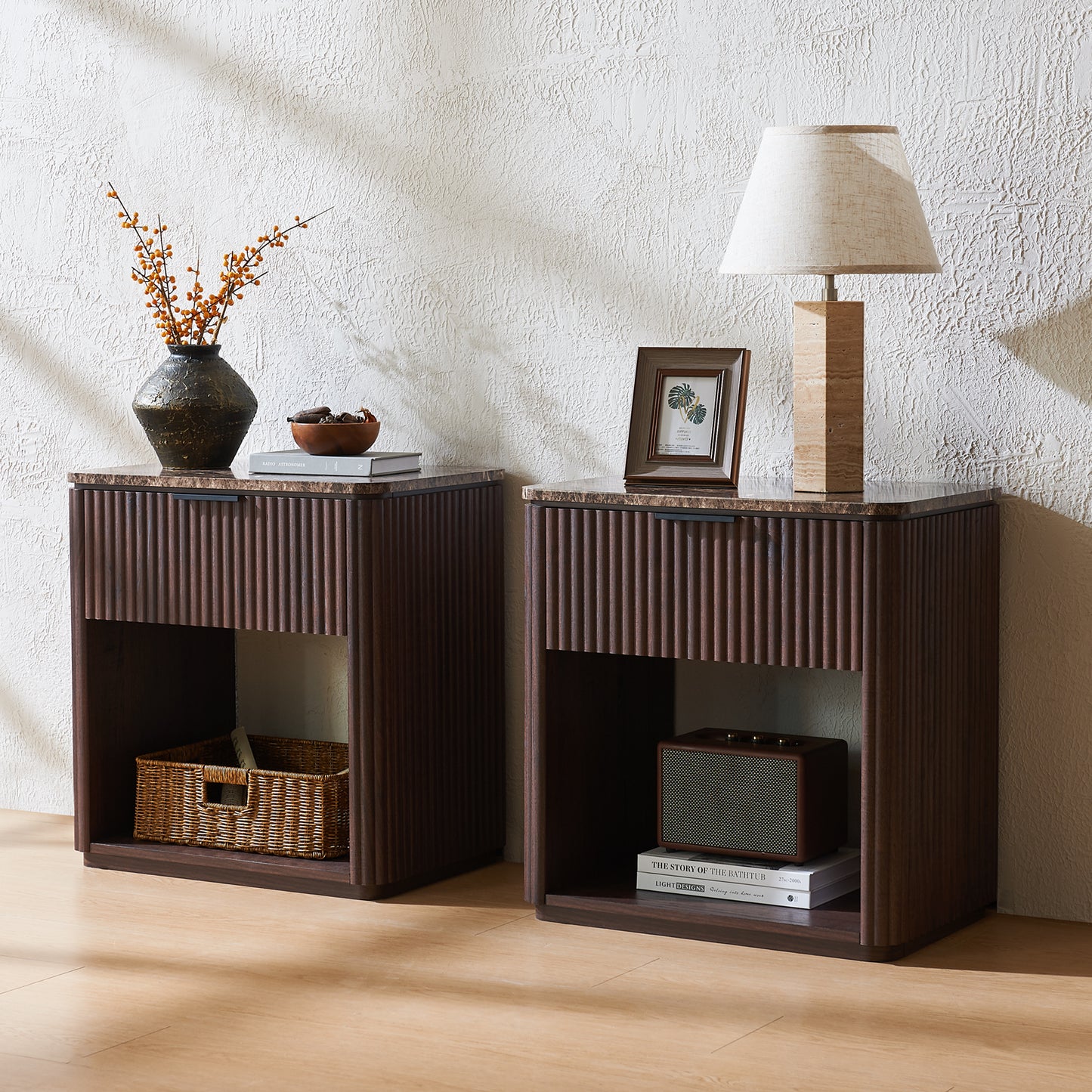 DelArk 1-Drawer Fluted Nightstand with Marble Top