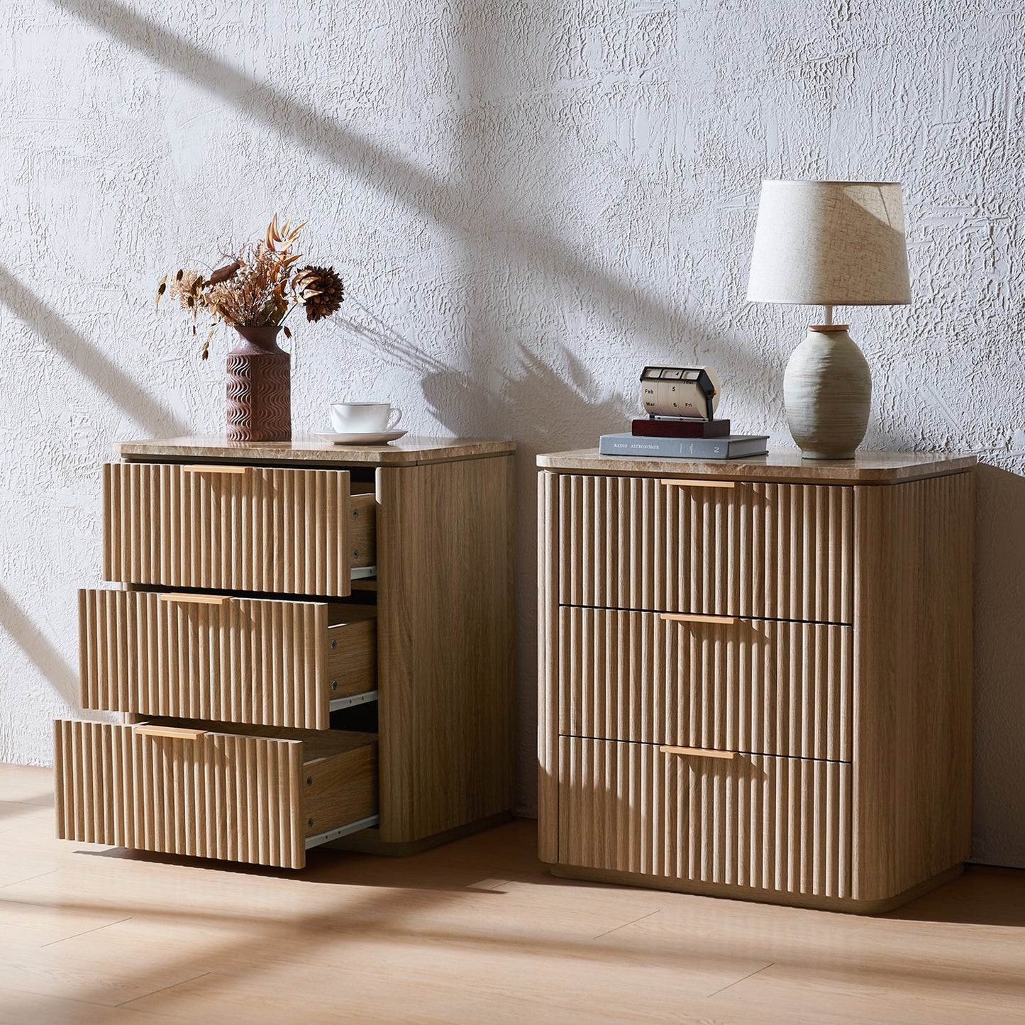 DelArk 3-Drawer Fluted Nightstand with Marble Top