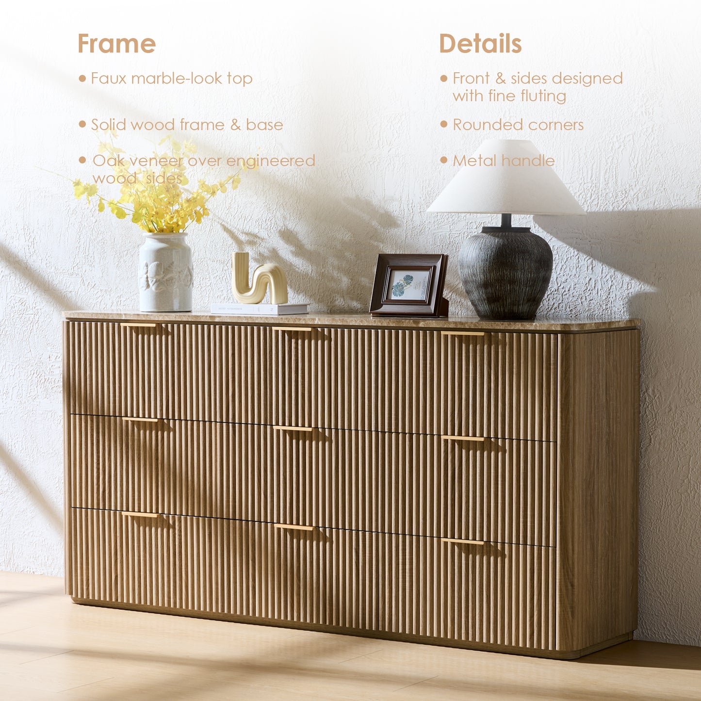 DelArk Fluted 9-Drawer Dresser with Marble Top