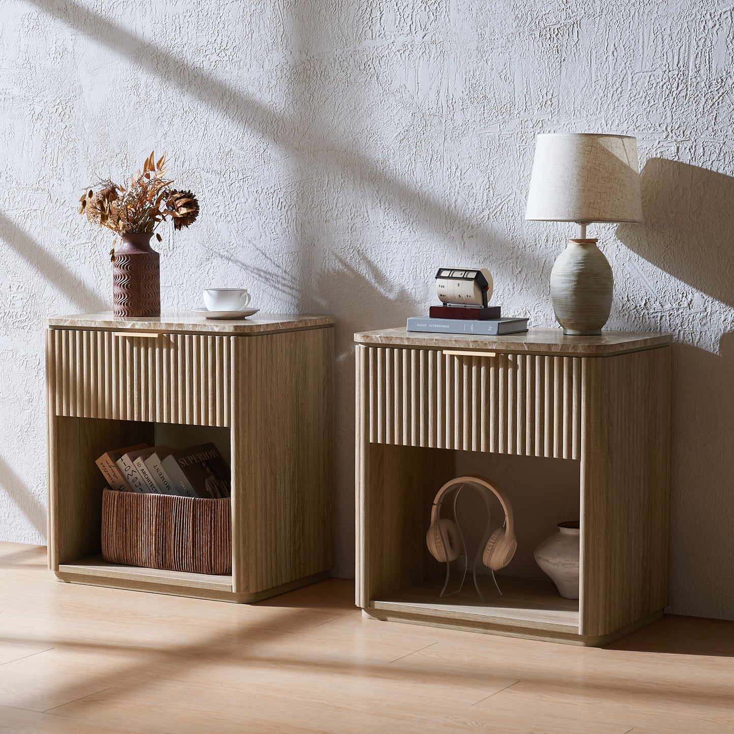 DelArk 1-Drawer Fluted Nightstand with Marble Top