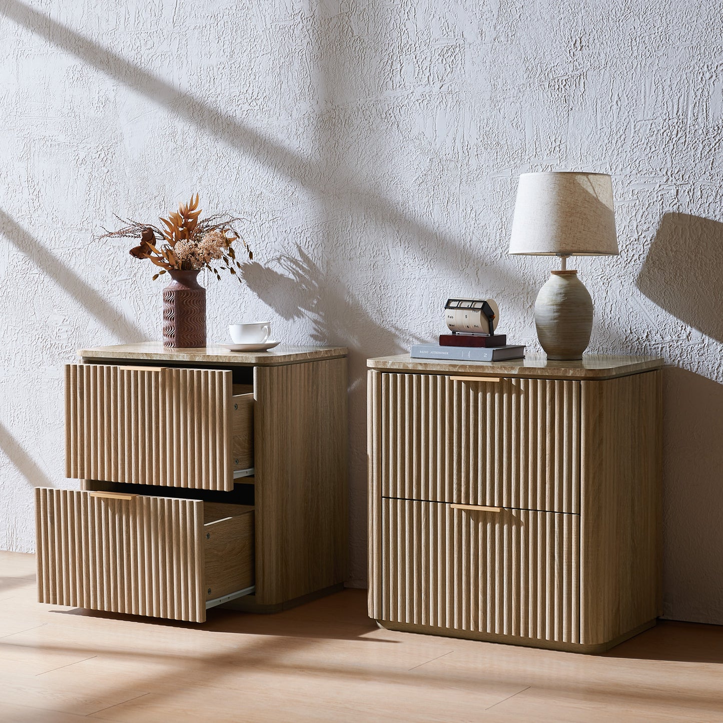 DelArk 2-Drawer Fluted Nightstand with Marble Top