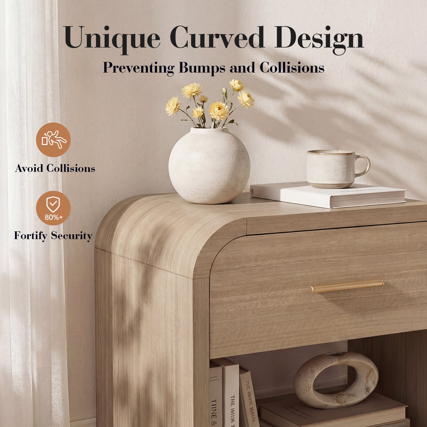 EliteSet Night Stand, 1-Drawer and 1 Storage Shelf [Curved Profile] [FSC-Certified Wooden Board] Nightstand 24" H Metal Handle Modern Bedside Table Side Table End Table