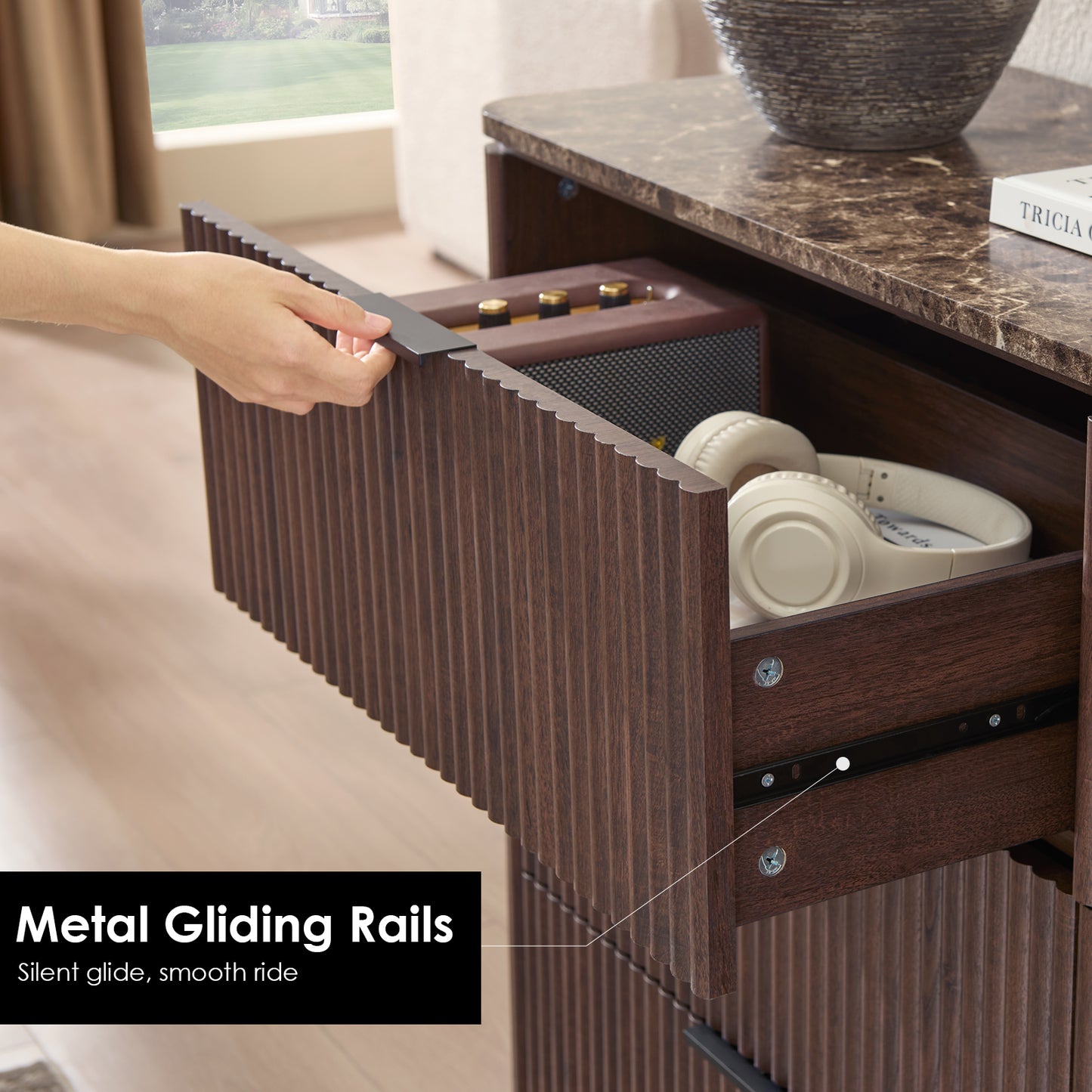 DelArk Fluted 6-Drawer Dresser with Marble Top