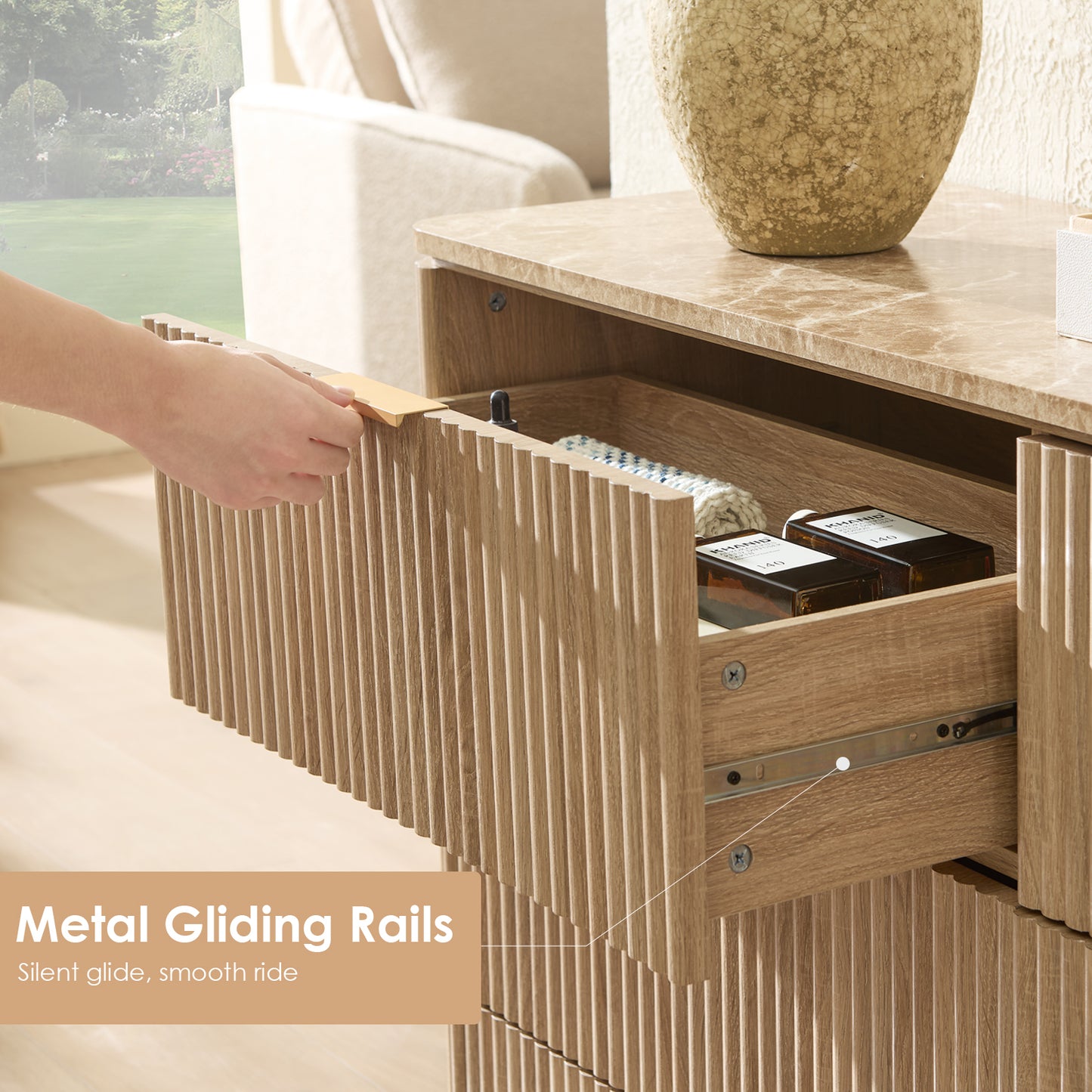 DelArk Fluted 6-Drawer Dresser with Marble Top