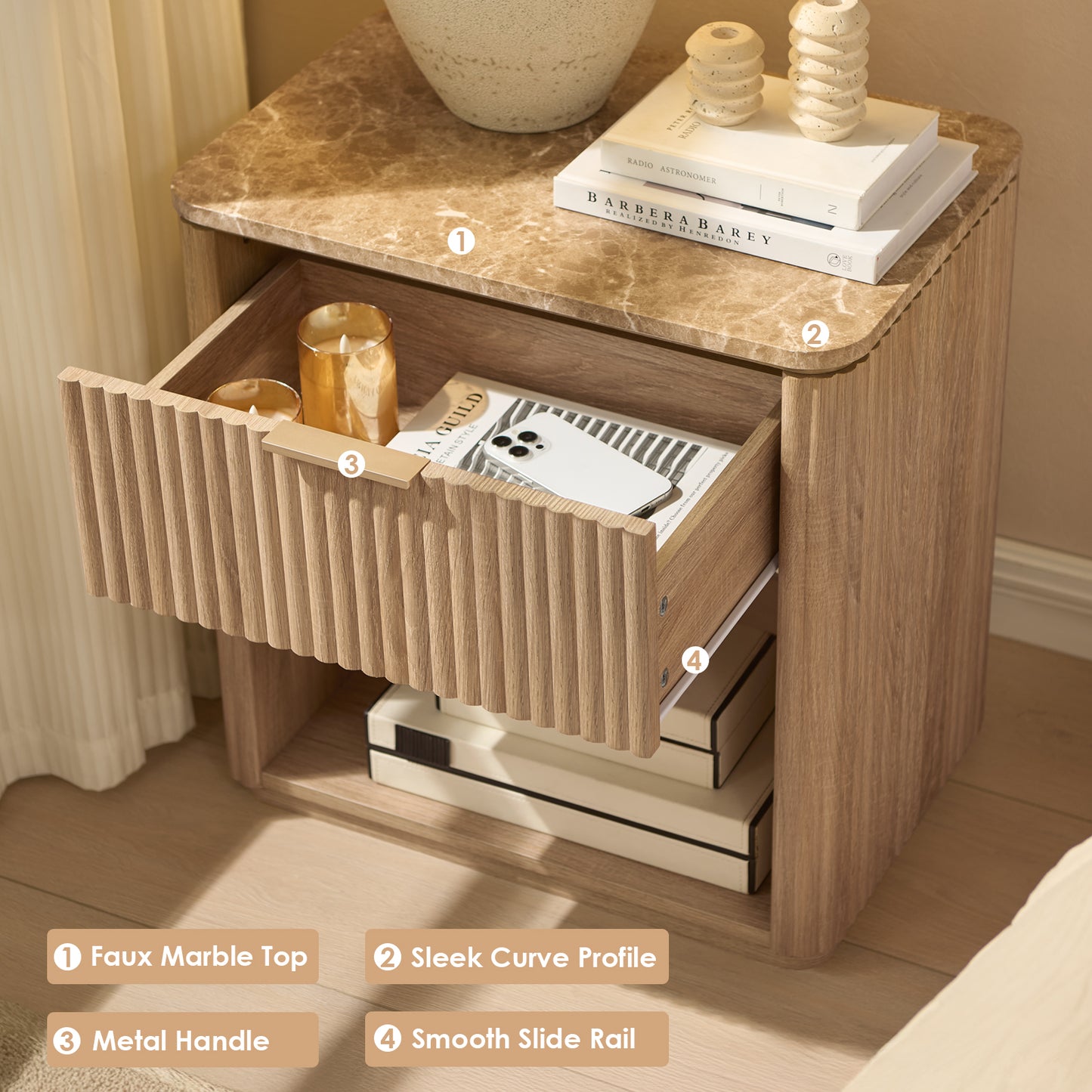 DelArk 1-Drawer Fluted Nightstand with Marble Top