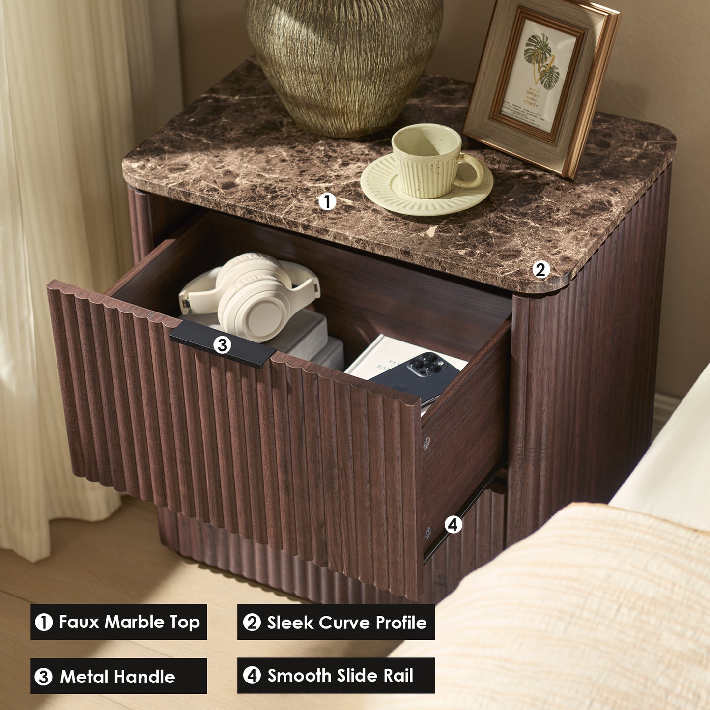 DelArk 2-Drawer Fluted Nightstand with Marble Top