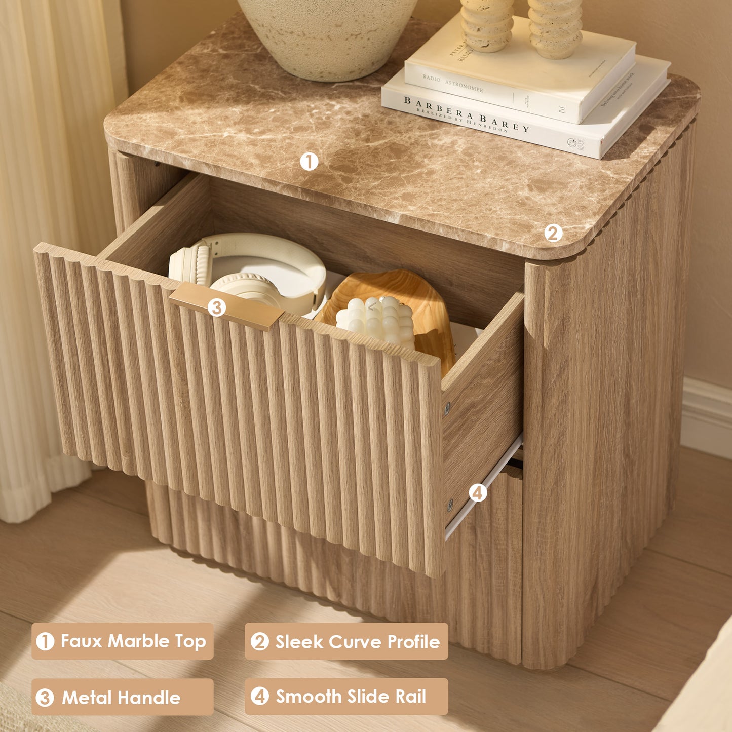 DelArk 2-Drawer Fluted Nightstand with Marble Top