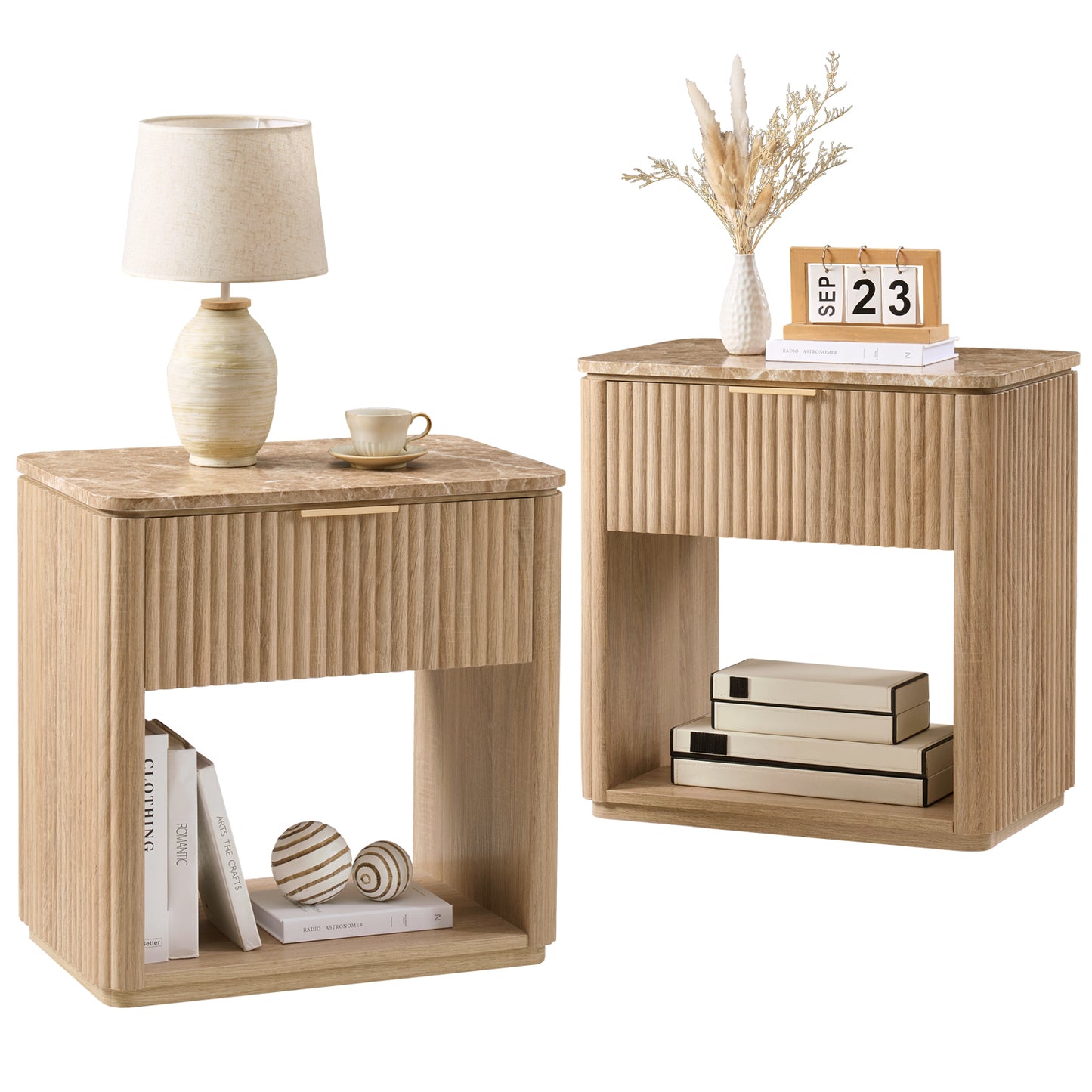 DelArk 1-Drawer Fluted Nightstand with Marble Top