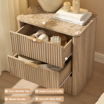 DelArk 3-Drawer Fluted Nightstand with Marble Top