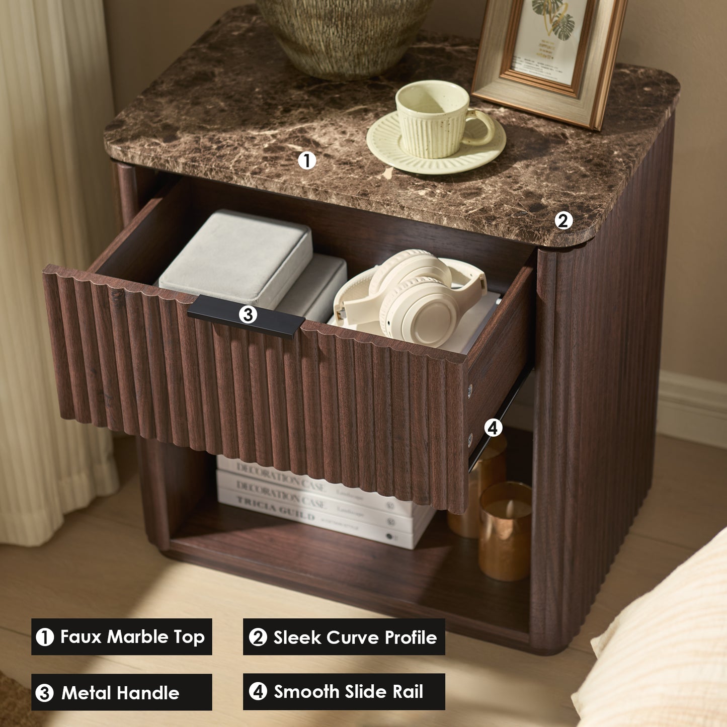 DelArk 1-Drawer Fluted Nightstand with Marble Top