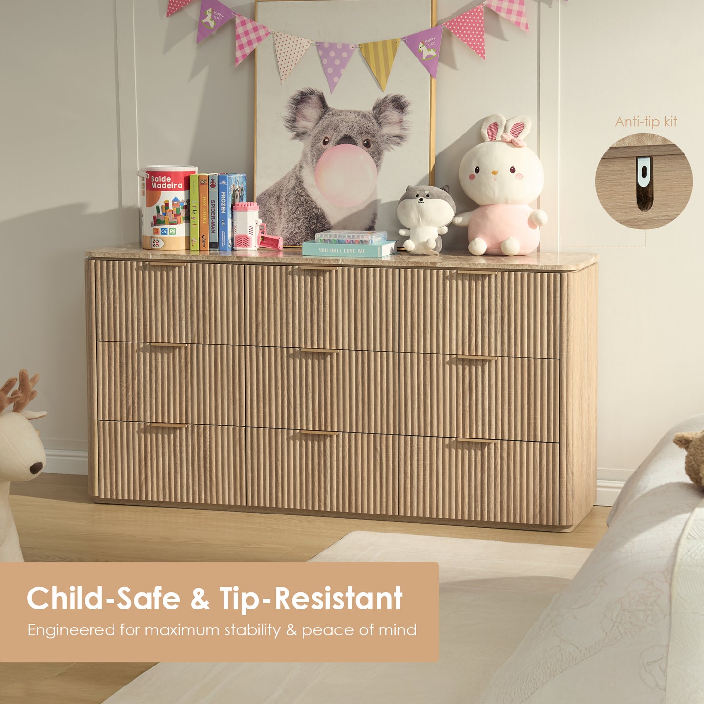 DelArk Fluted 9-Drawer Dresser with Marble Top