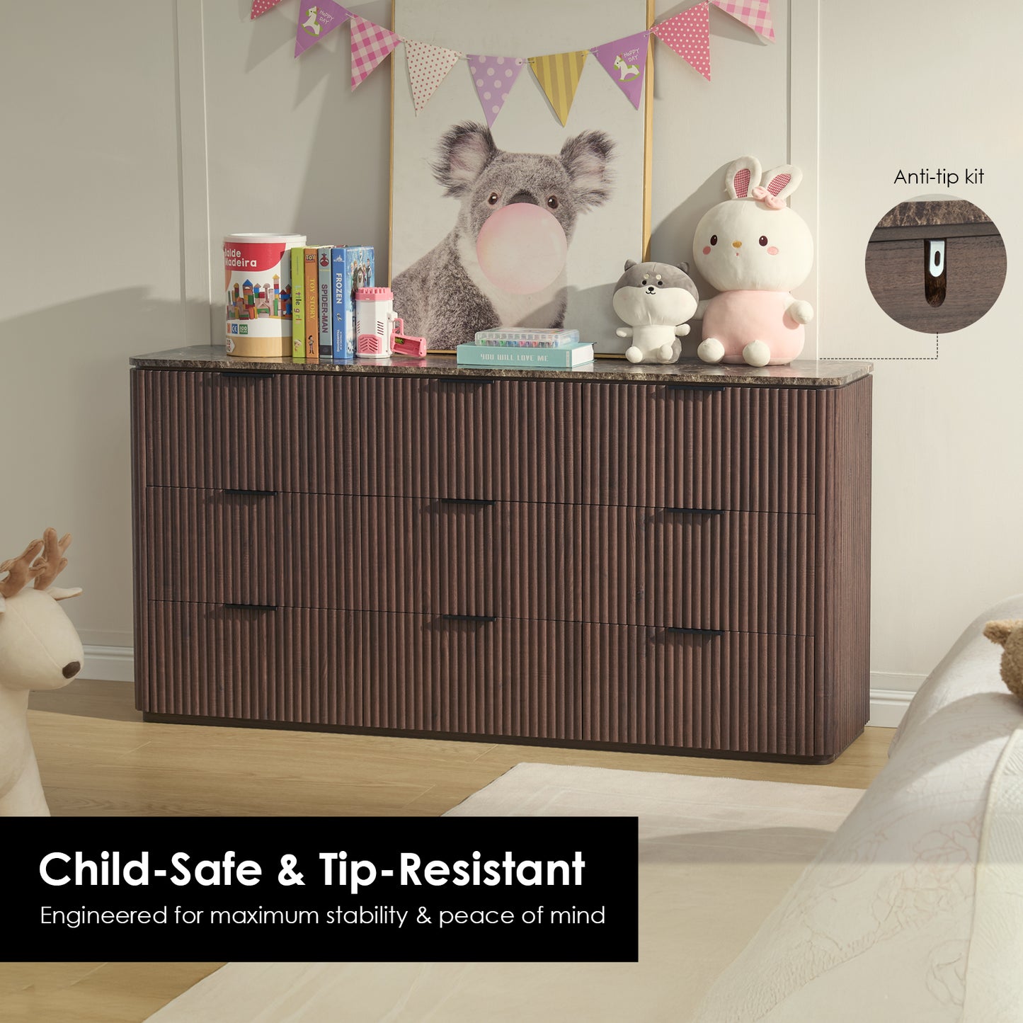 DelArk Fluted 9-Drawer Dresser with Marble Top